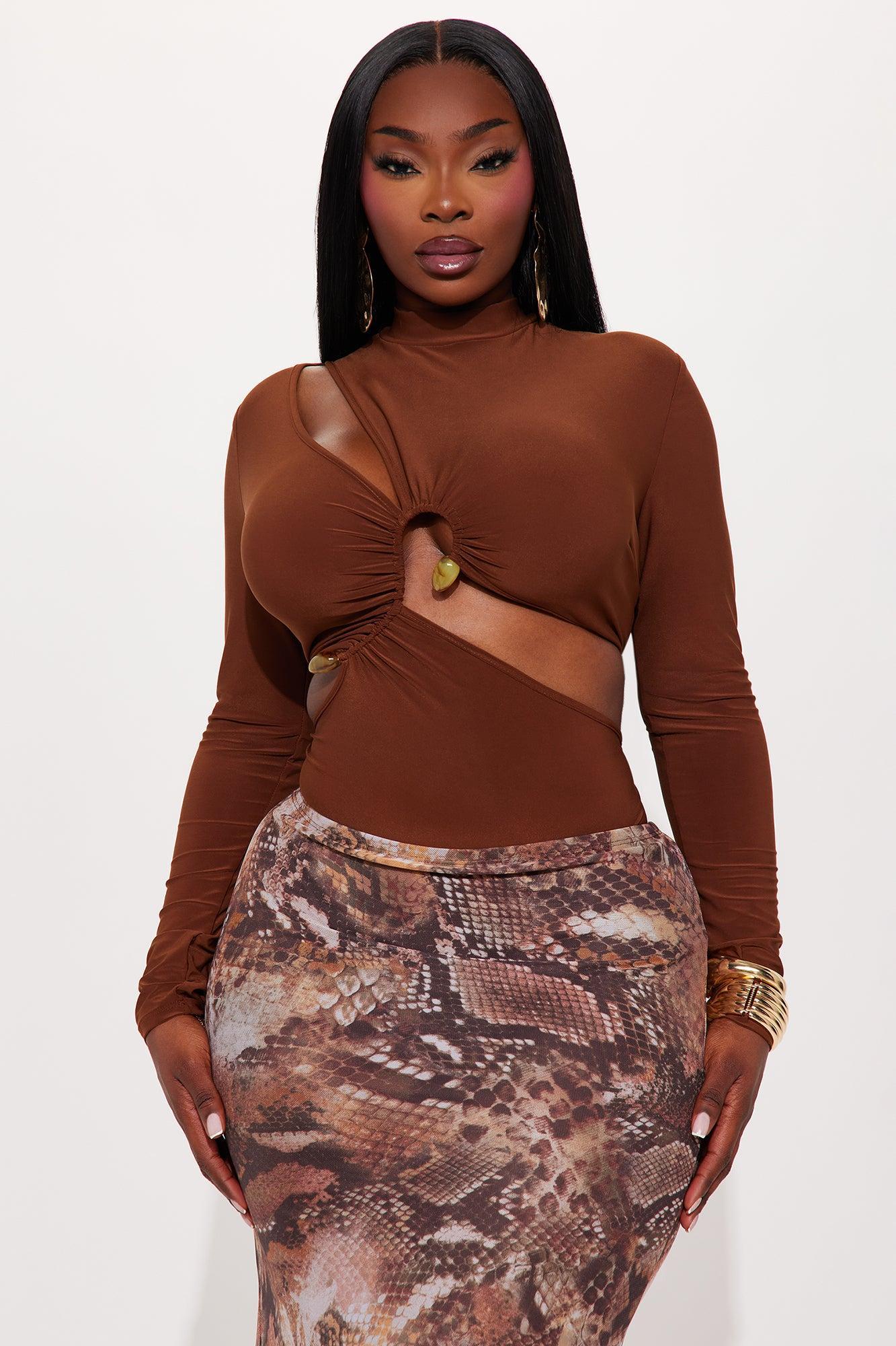 In Motion Long Sleeve Cut Out Bodysuit - Chocolate Product Image