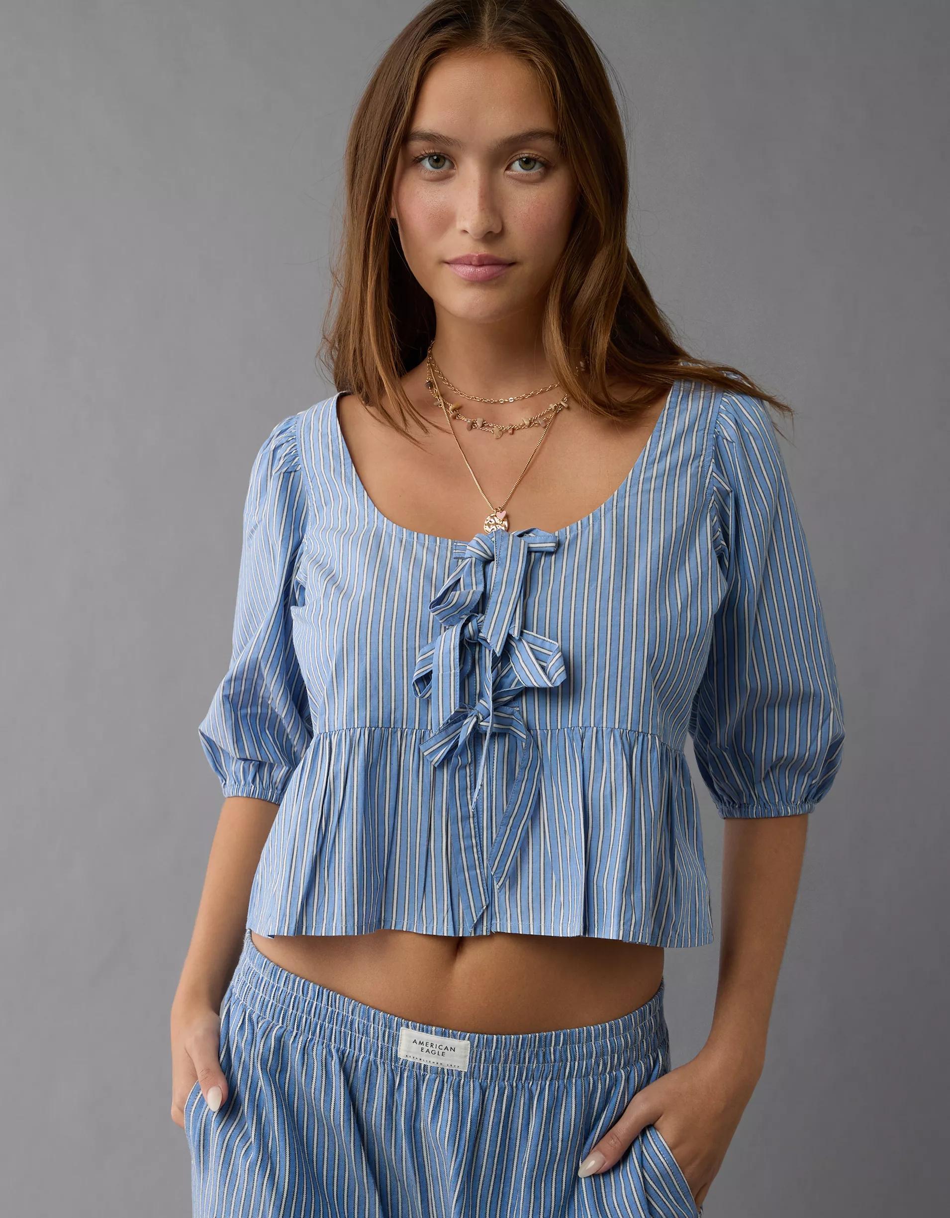 AE Puff Sleeve Tie Front Top Product Image