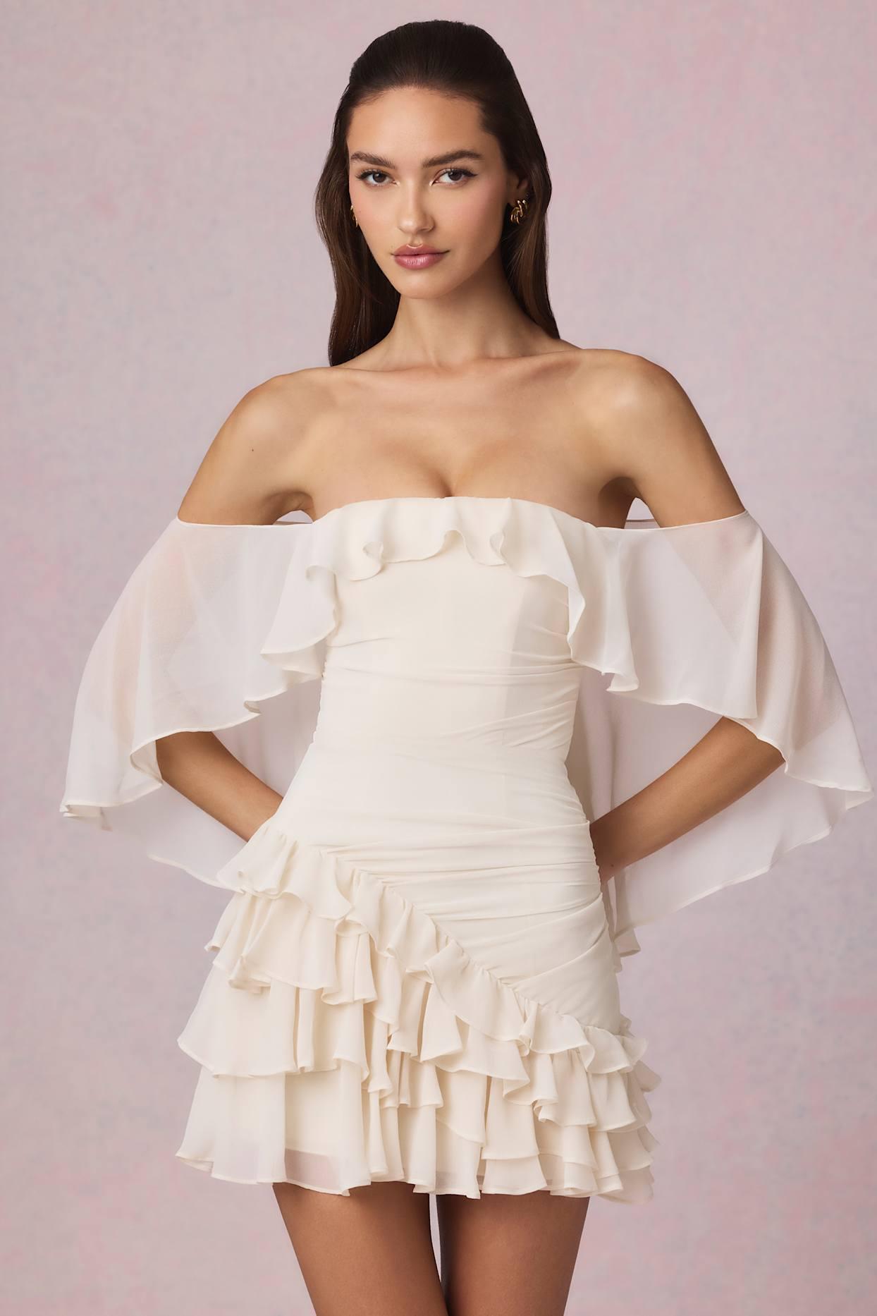 Off-Shoulder Ruffled Mini Dress in Ivory Product Image