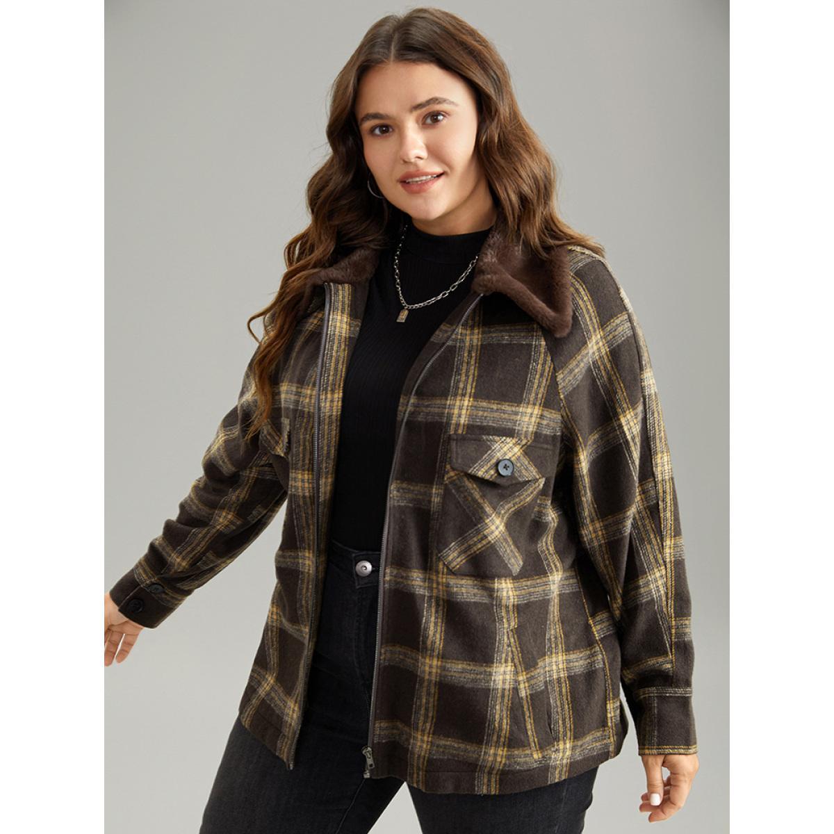 Plus Size Plaid Patchwork Fuzzy Trim Zipper Fly Coat Women DarkBrown Casual Contrast Ladies Everyday Winter Coats BloomChic 14-16/1X Product Image