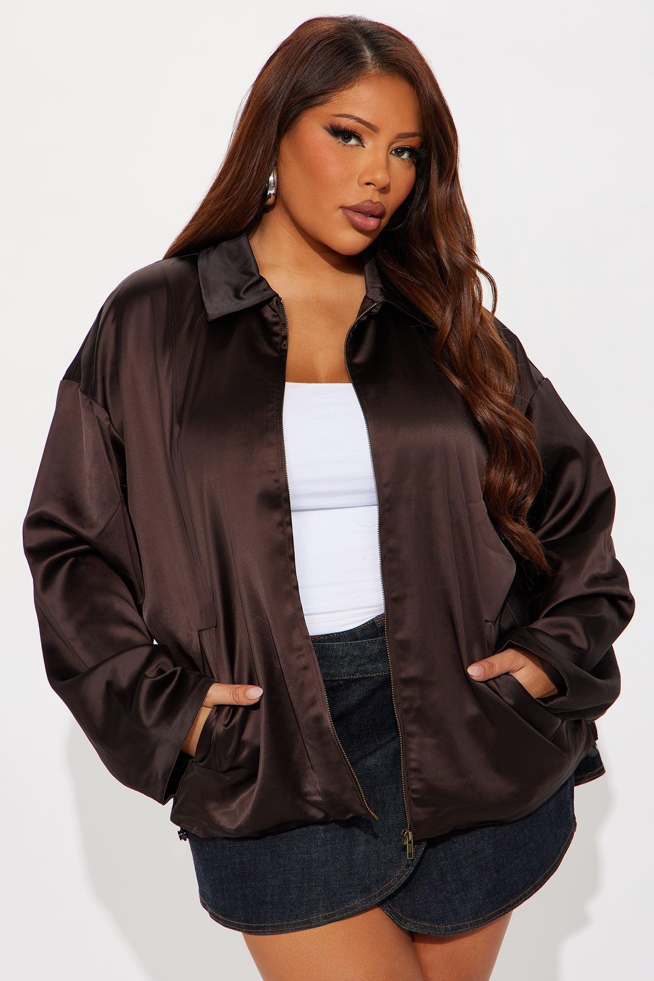 Gia Oversized Satin Bomber Jacket - Chocolate Product Image