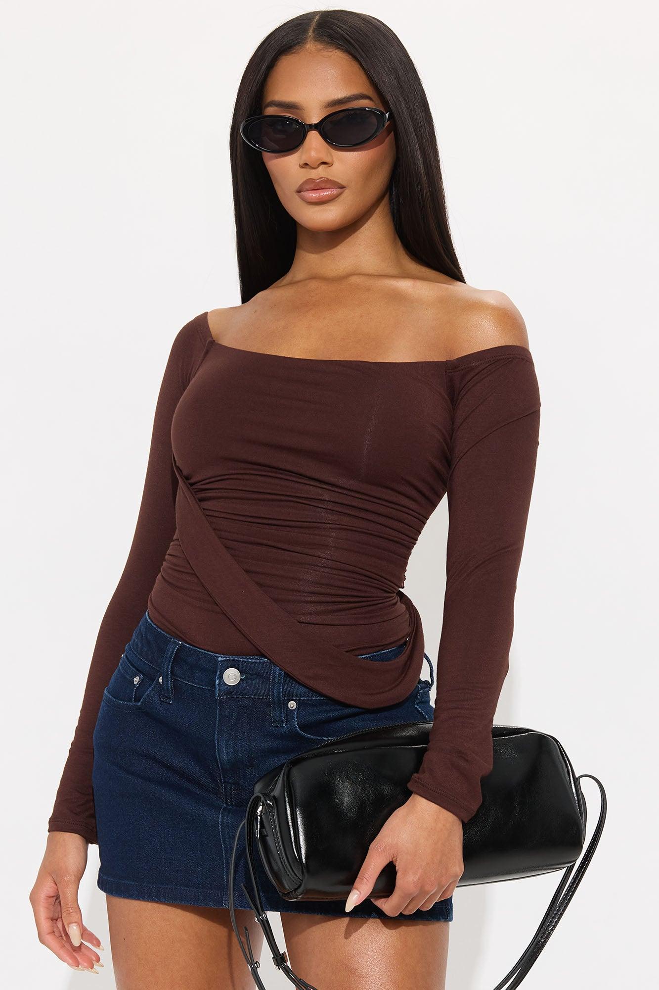Gilda Off Shoulder Long Sleeve Bodysuit - Brown Product Image