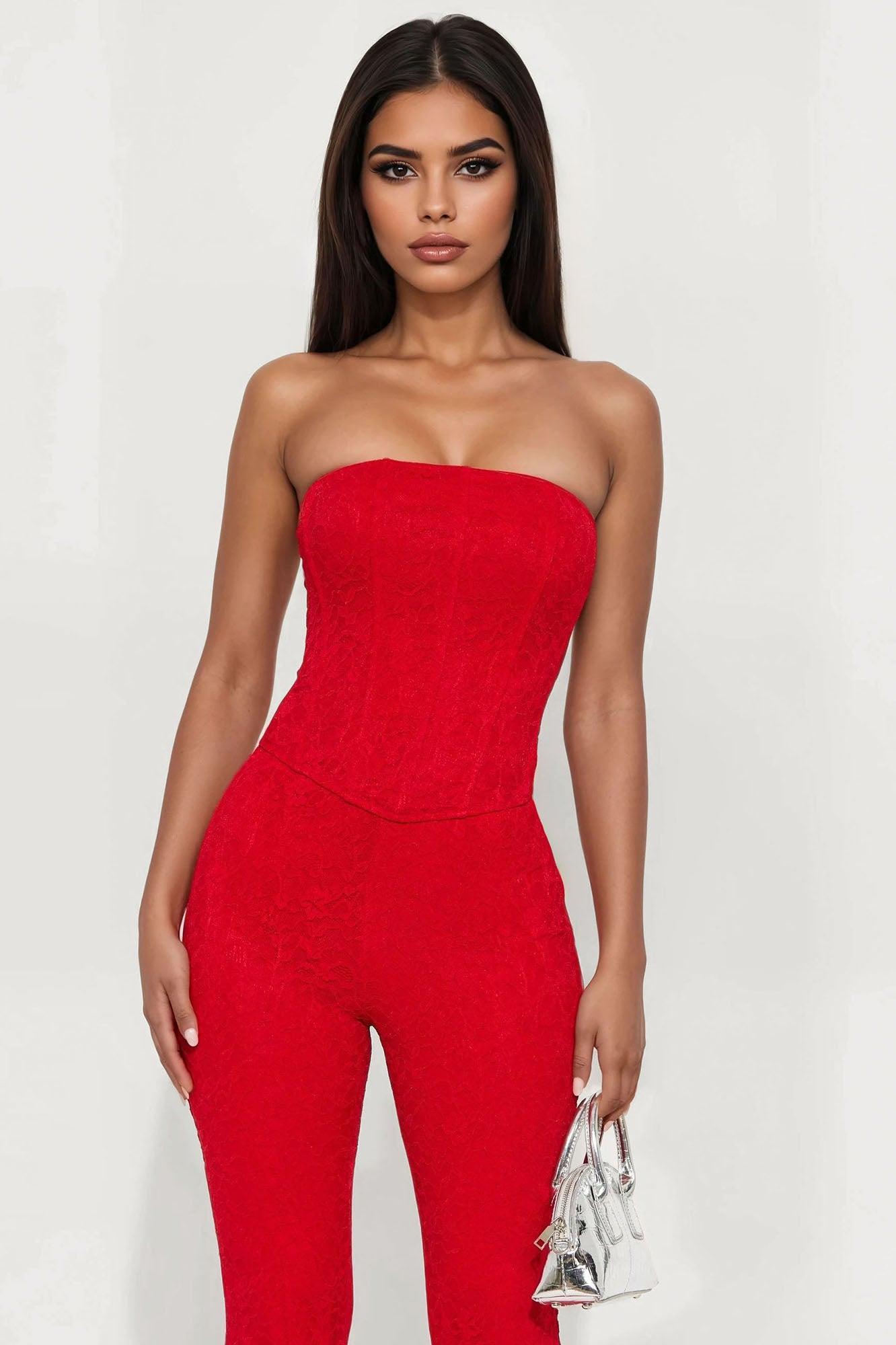 Larissa Corset Fully Lined Lace Pant Set - Red Product Image