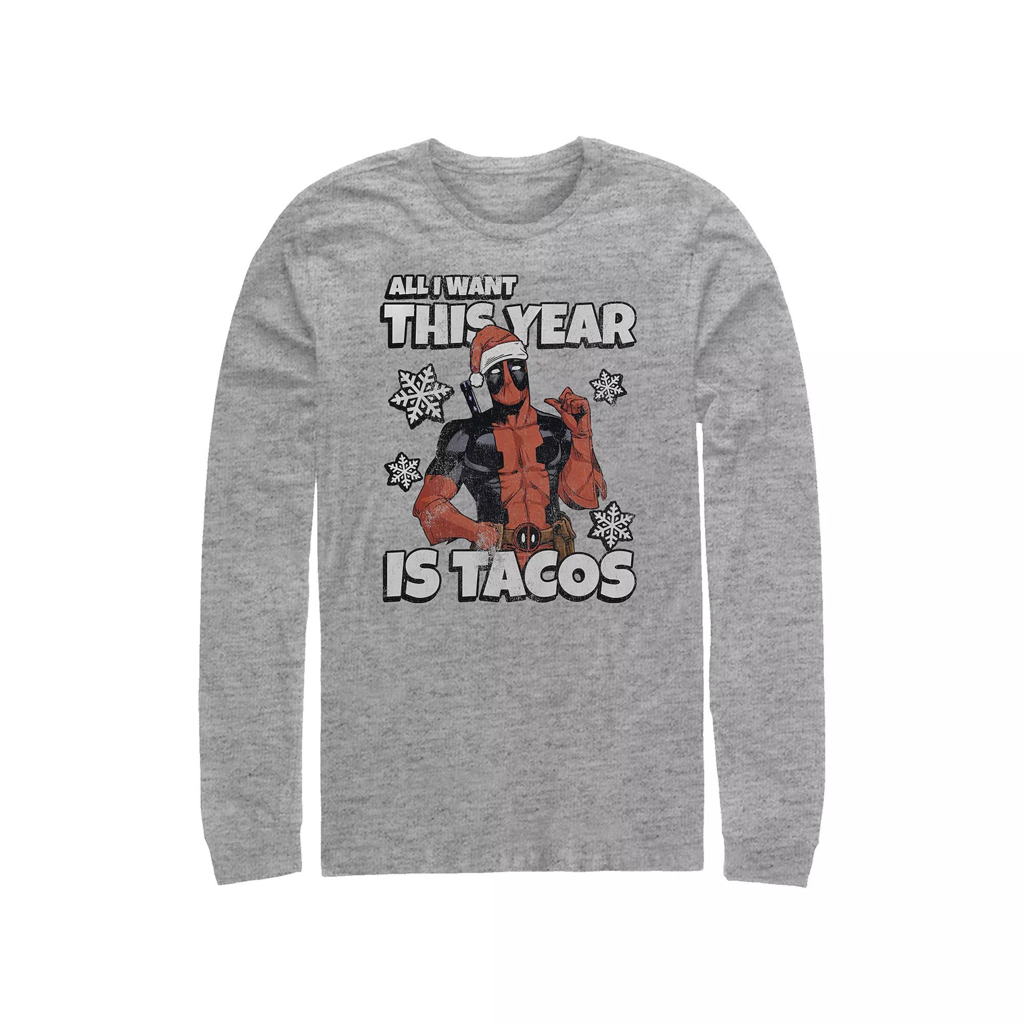 Big & Tall Marvel Deadpool All I Want This Year Is Tacos Xmas Long Sleeve Graphic Tee, Men's, Size: XL Tall, Athletic Grey Product Image