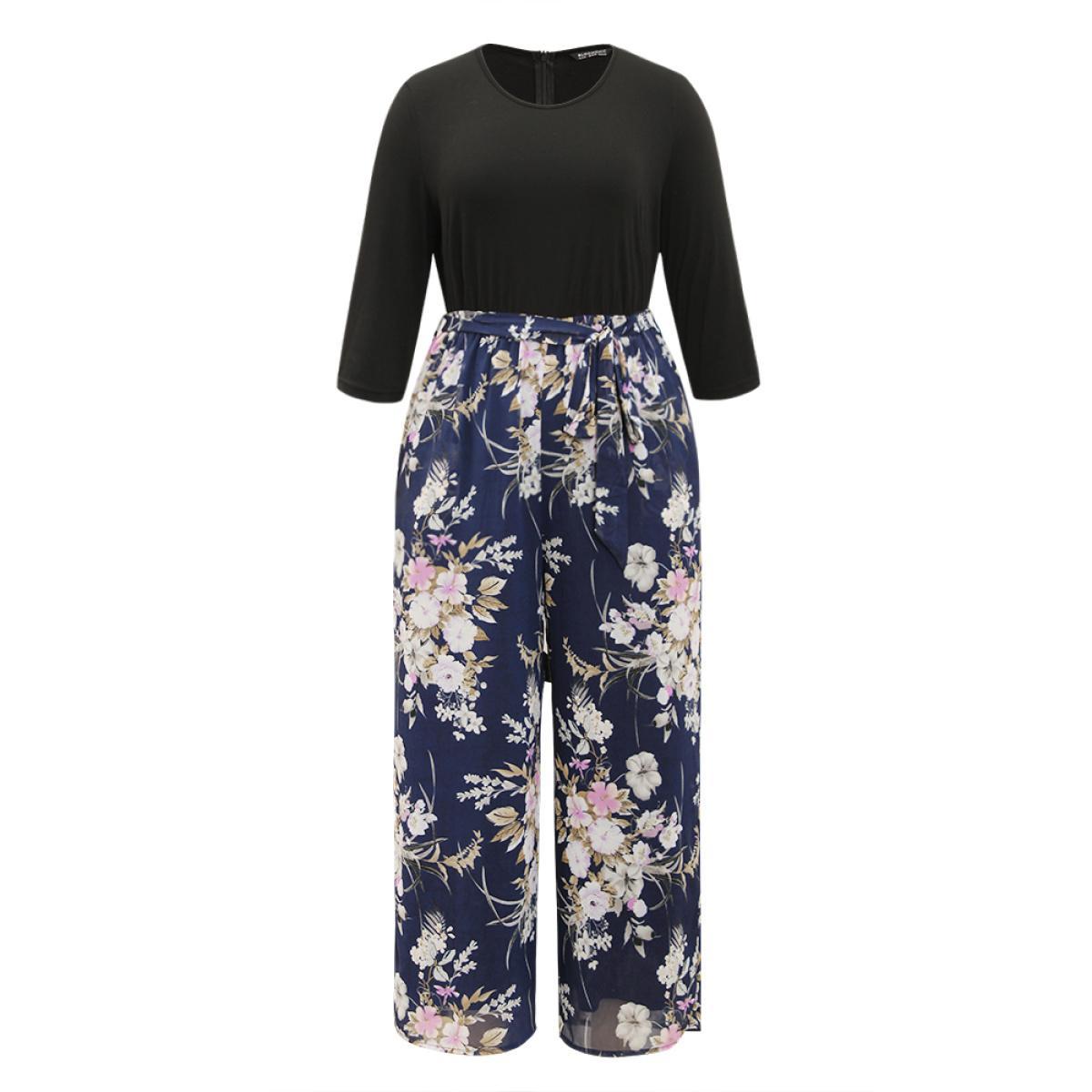 Plus Size Indigo Floral Patchwork Belted Jumpsuit Women Elegant Elbow-length sleeve Round Neck Everyday Loose Jumpsuits BloomChic 18-20/2X Product Image