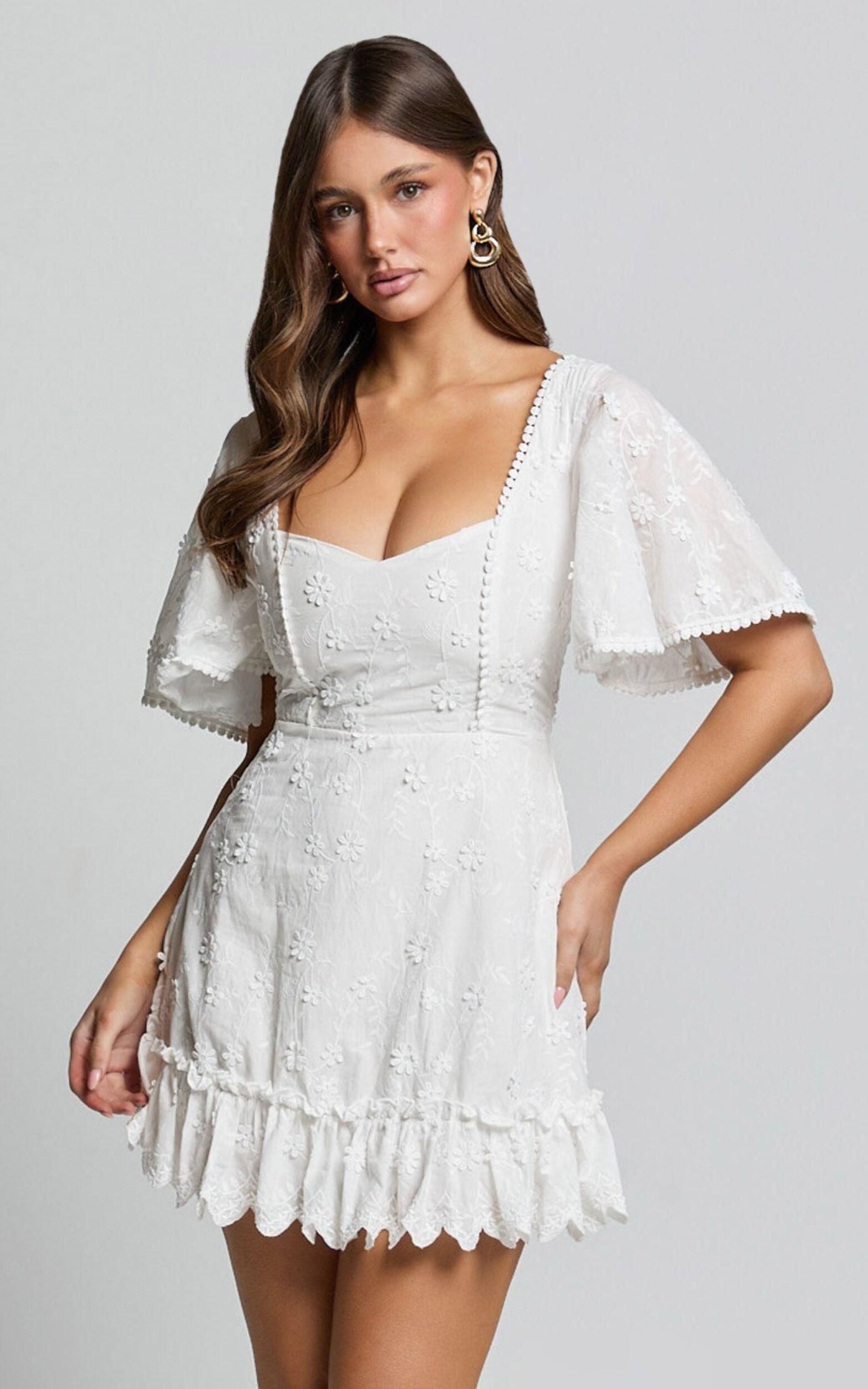 Fancy A Spritz Mini Dress - Square Neck Dress in White Embroidery Product Image