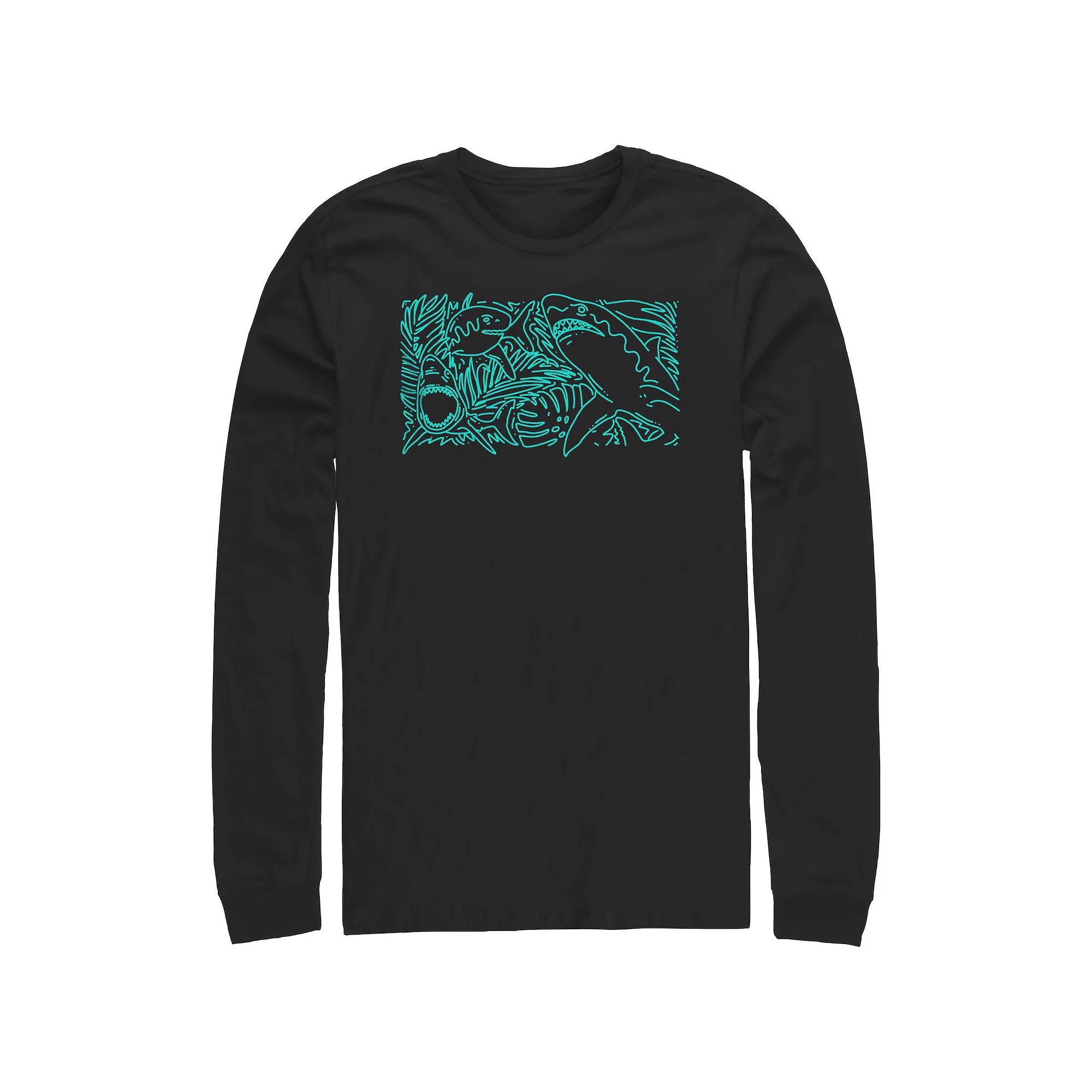 Men's Tropical Shark Long Sleeve Graphic Tee, Size: Small, Black Product Image
