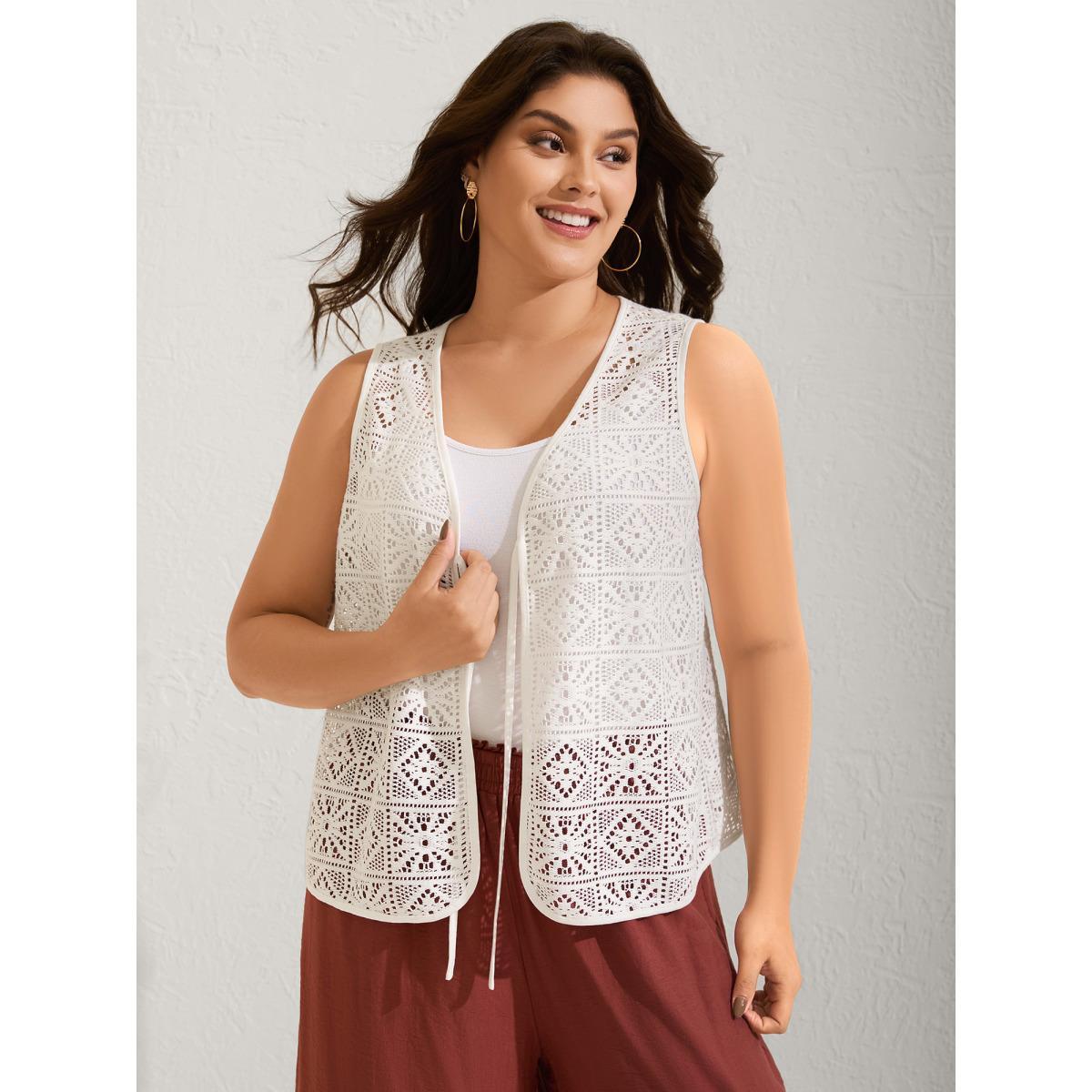 Plus Size Lace Spliced Denim-Like Kimono Vest Women Originalwhite Tie knot Vacation Kimonos BloomChic 14-16/1X Product Image