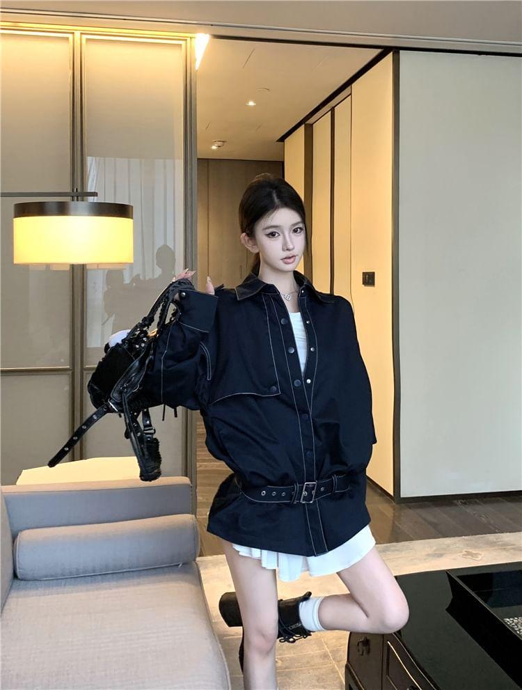 Lapel Collared Plain Patchwork Loose Shirt / Long-Sleeve Crew Neck Plain Top / Mid Rise Mini Skirt / Set Product Image