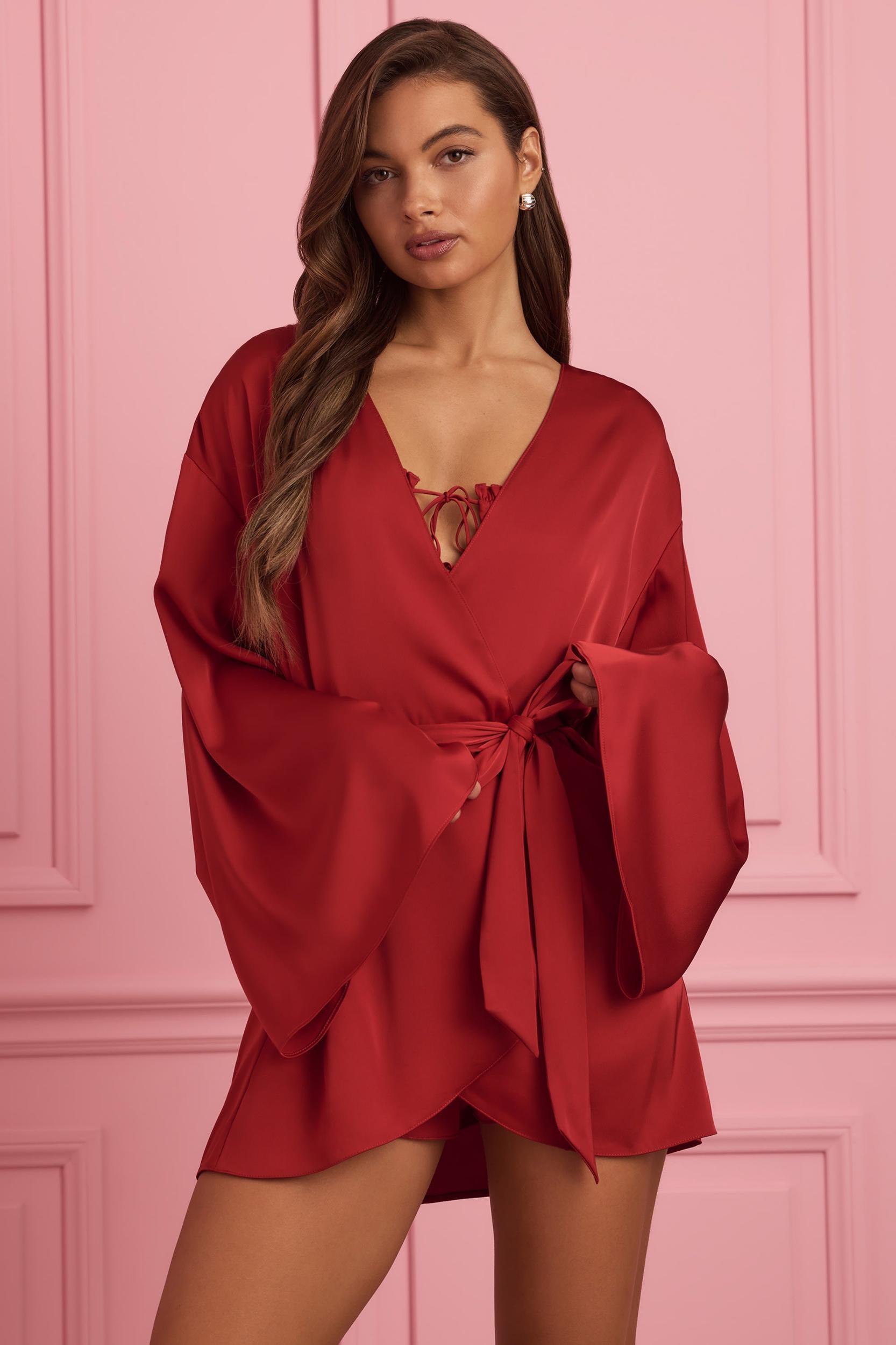 Embellished Wrap-Over Robe in Ruby Red Product Image