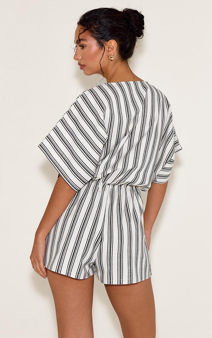 White Woven Stripe Bag Wing Tie Romper Product Image