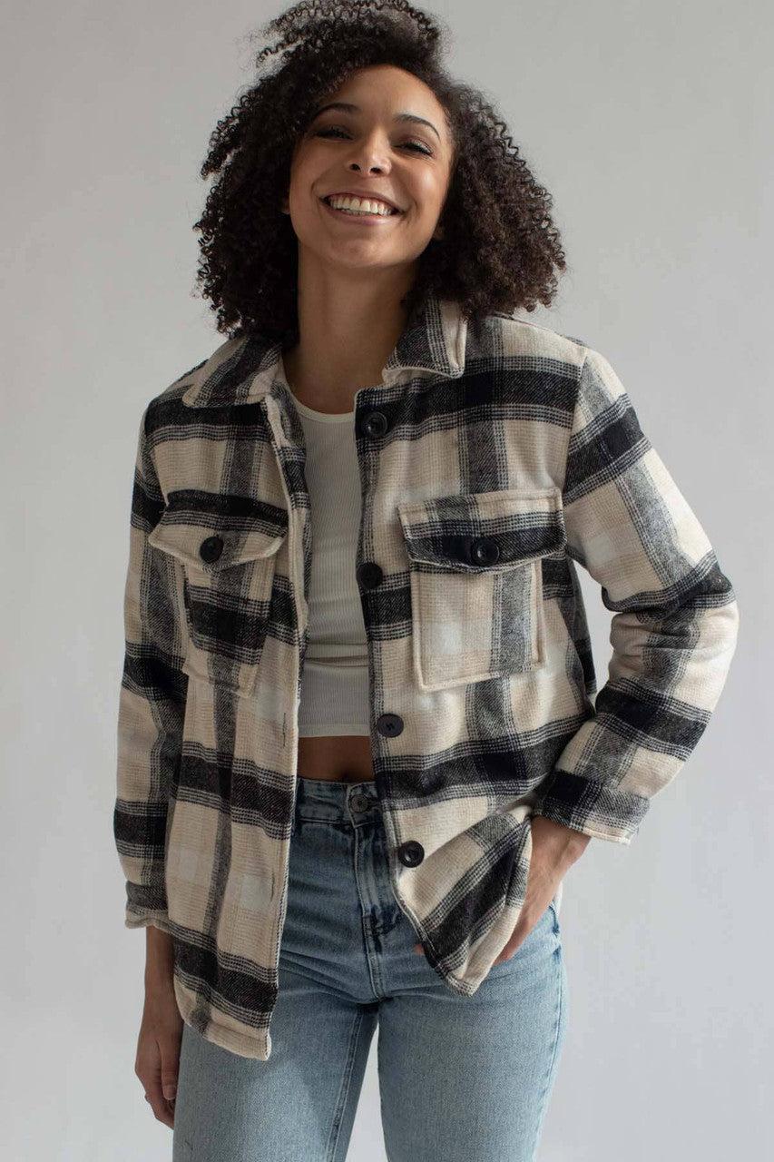 Beige & Black Plaid Lined Shacket Product Image
