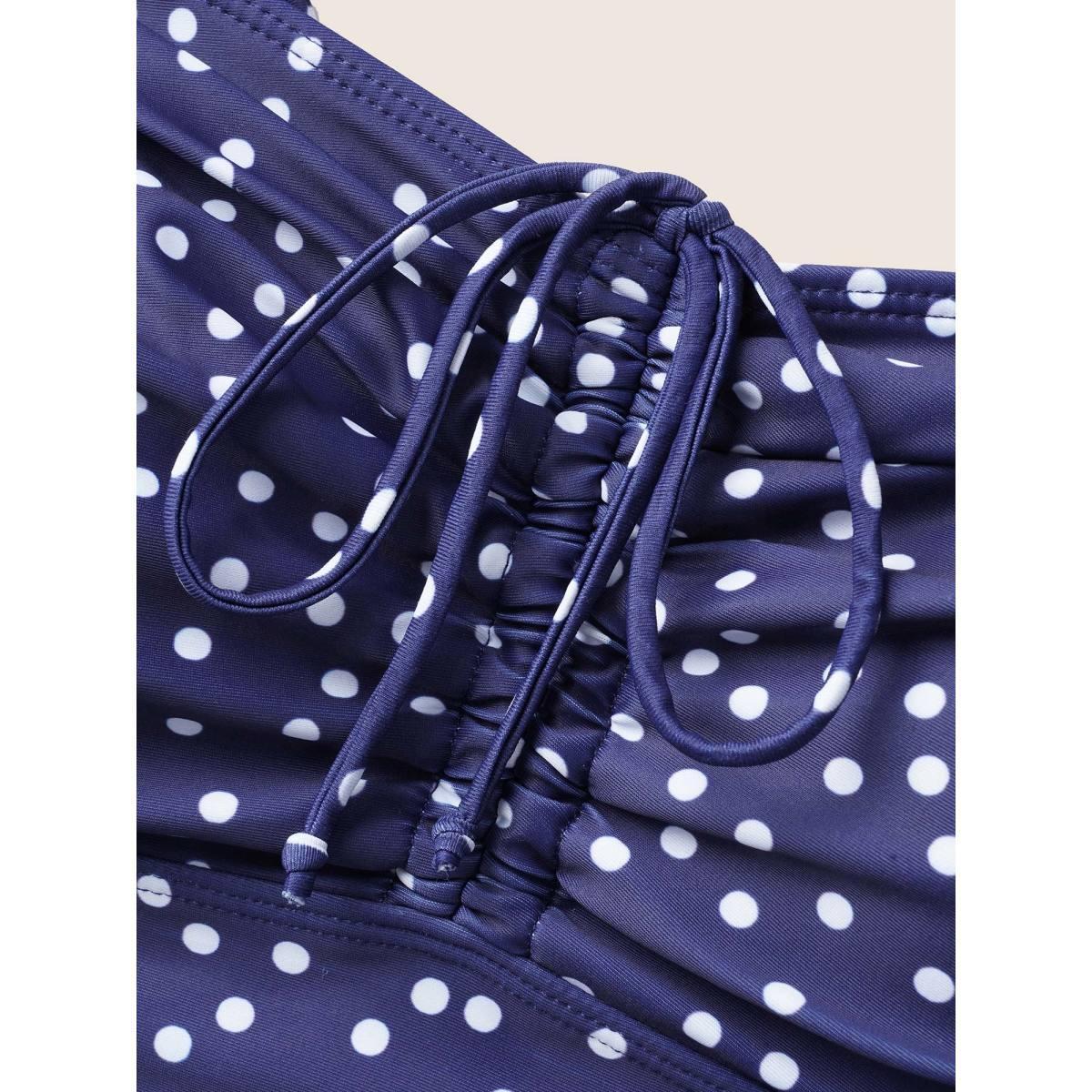 Plus Size Polka Dot Drawstring Patchwork See Through Swim Dress Women's Swimwear Indigo Beach Bodycon Heart neckline High stretch Curve Swim Dresses BloomChic 12/L Product Image