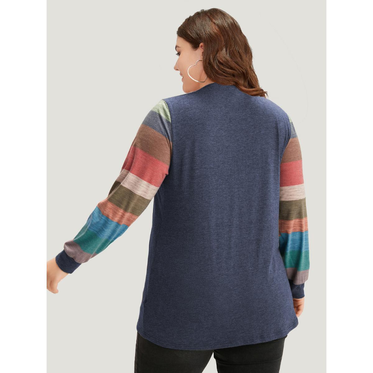 Plus Size Colorblock Contrast V Neck Button Up T-shirt Blue Women Casual Elastic cuffs Striped V-neck Everyday T-shirts BloomChic 28/5X Product Image