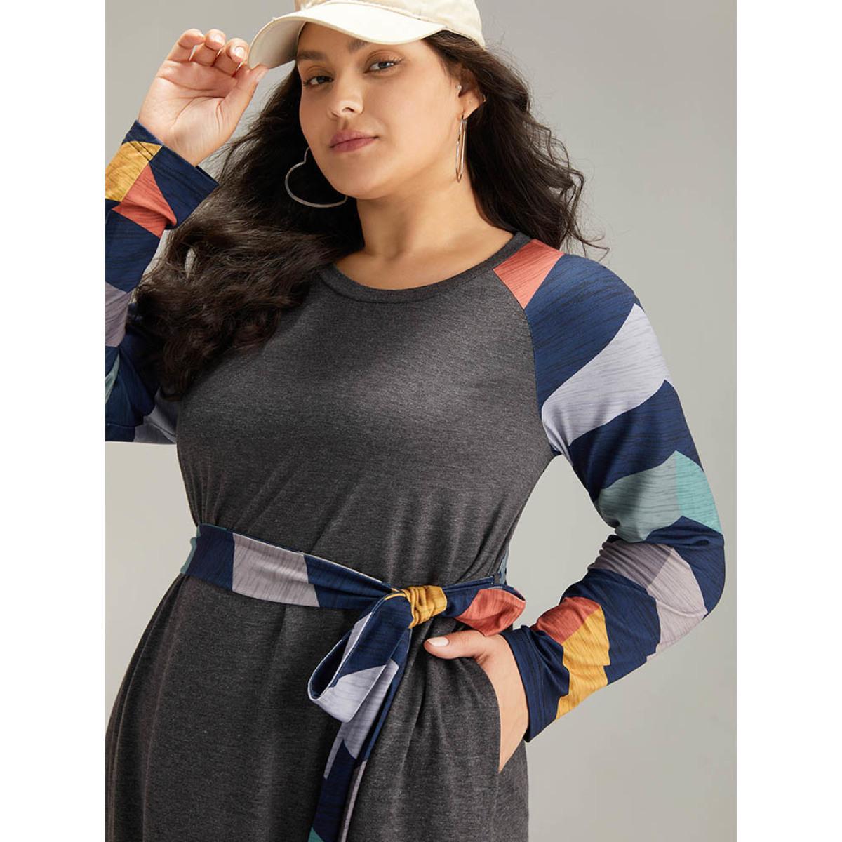 Plus Size Striped Pocket Raglan Sleeve Belted Dress DimGray Women Casual Belted Round Neck Long Sleeve Curvy Knee Dress BloomChic 10/M Product Image