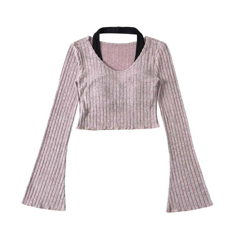 Long-Sleeve Halter Neck Ribbed Knit Cropped Top Product Image
