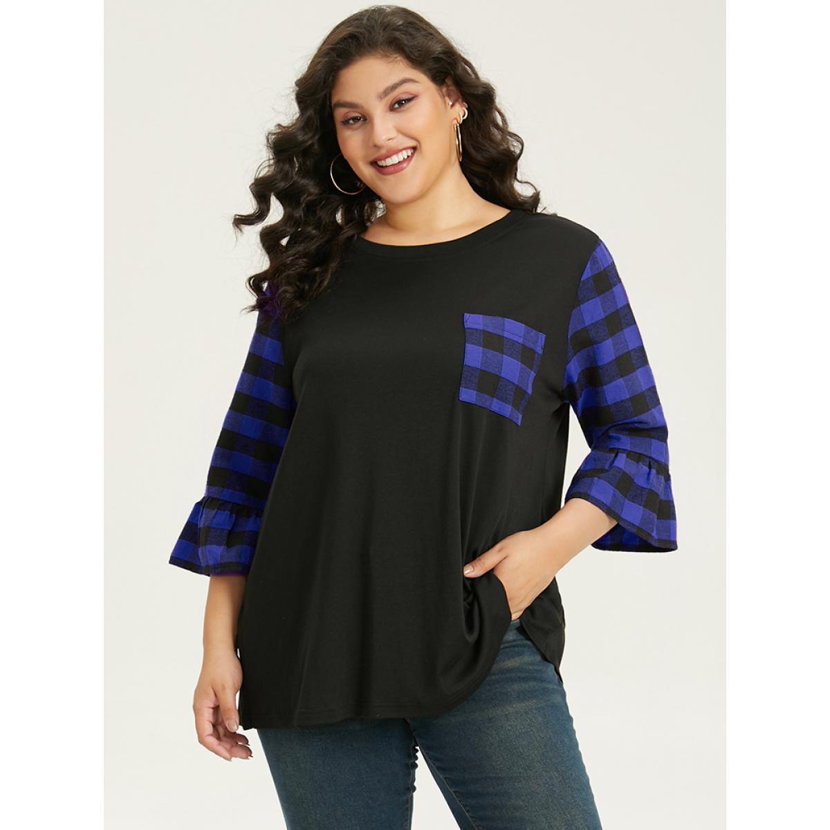 Plus Size Plaid Patched Pocket Patchwork Contrast Bell Sleeve T-shirt Blue Women Casual Contrast Plaid Round Neck Dailywear T-shirts BloomChic 14-16/1X Product Image