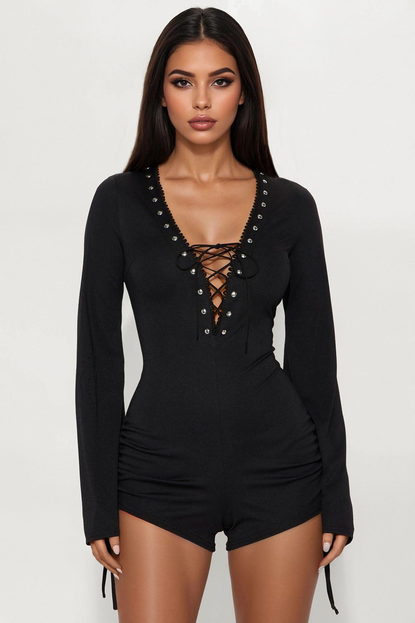 Live A Little Lace Up Micro Short Romper - Black Product Image