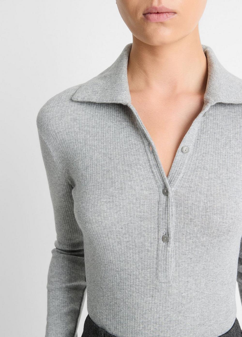 Womens Ribbed Cotton Long-Sleeve Polo Shirt, Heather Mid Grey, Size XL Vince Product Image