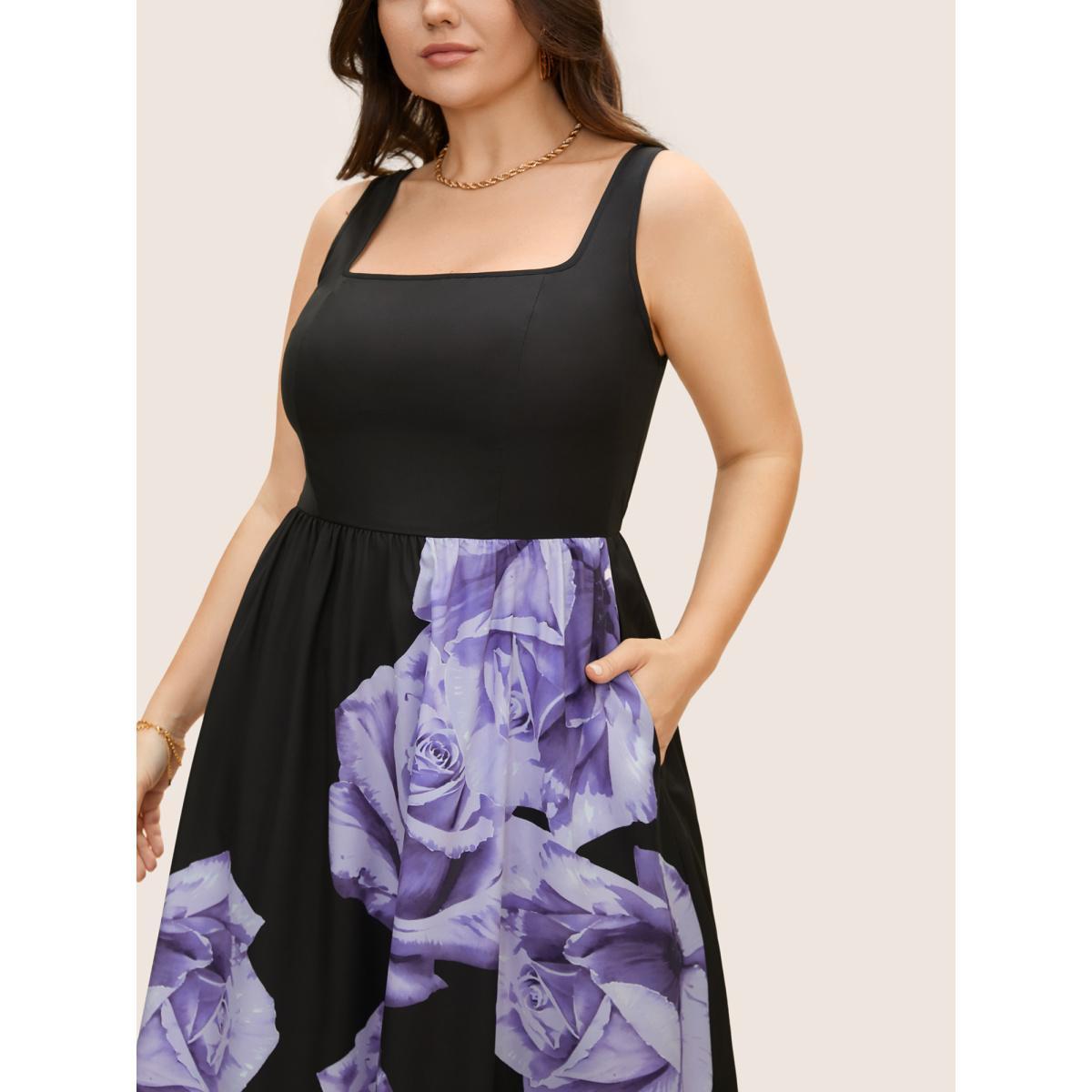 Plus Size Square Neck Rose Print Elastic Waist Maxi Dress Black Women Elegant Gathered Square Neck Sleeveless Curvy BloomChic 30/6X Product Image
