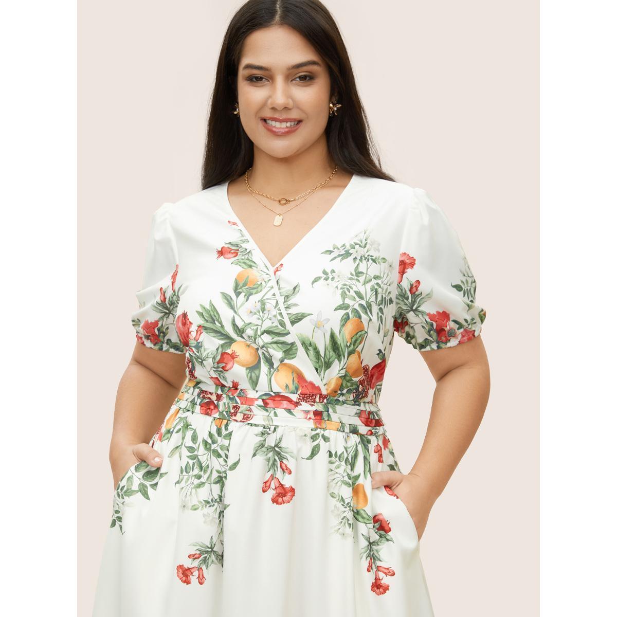 Plus Size Citrus Fruit Print Surplice Neck Pleated Dress White Women Elegant Overlapping Overlap Collar Short sleeve Curvy BloomChic 18-20/2X Product Image