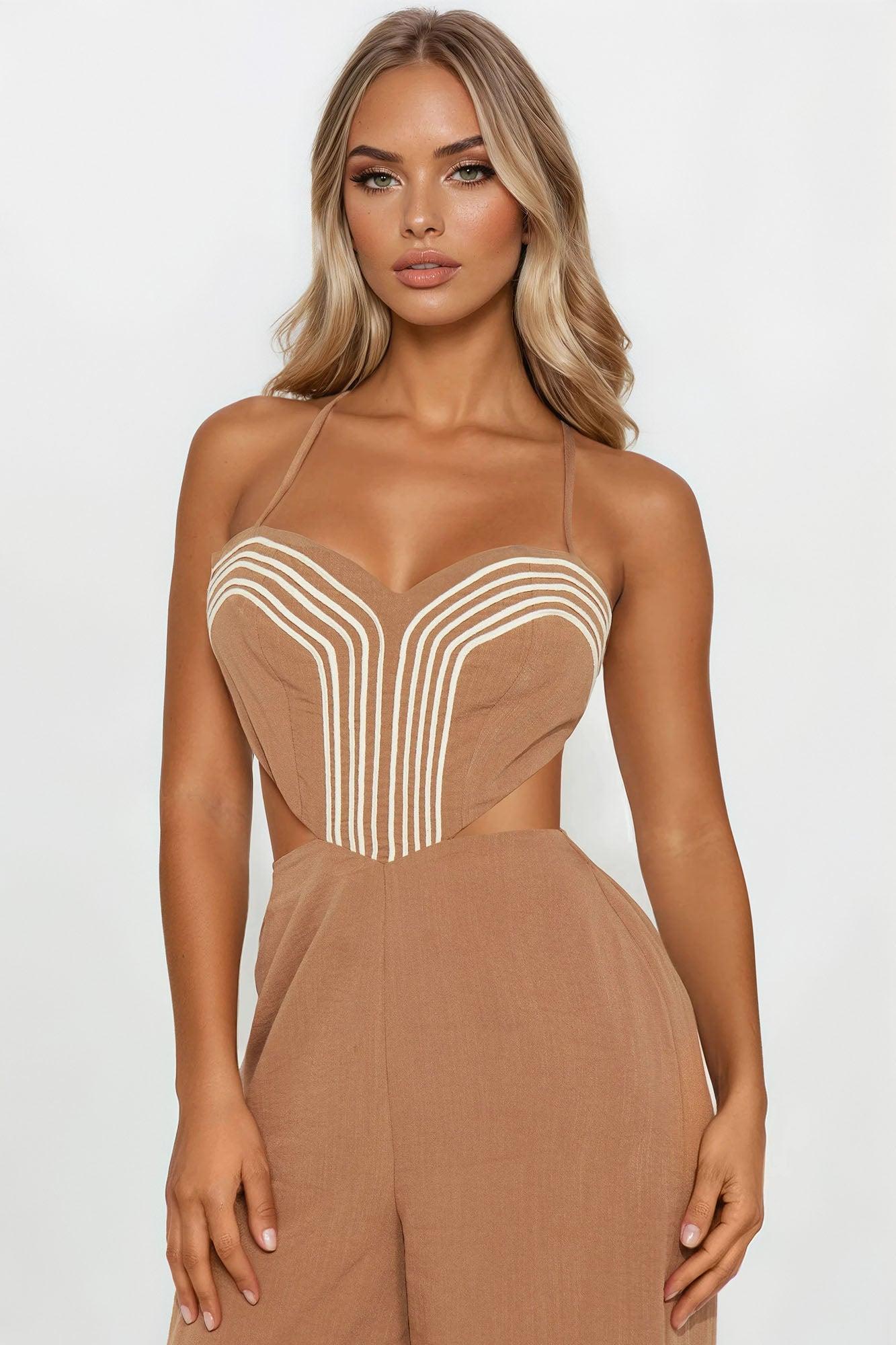 Tamra Wide Leg Linen Jumpsuit - Mocha Product Image