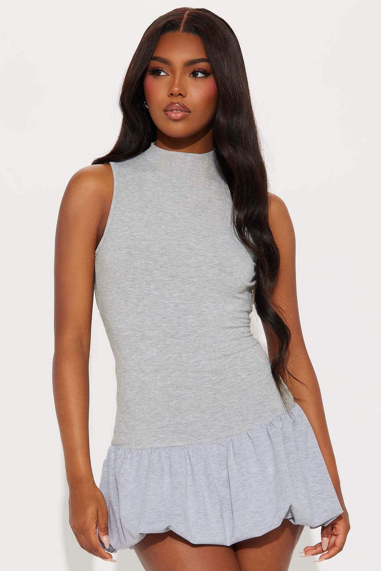 Myana Ribbed Bubble Mini Dress - Grey Product Image