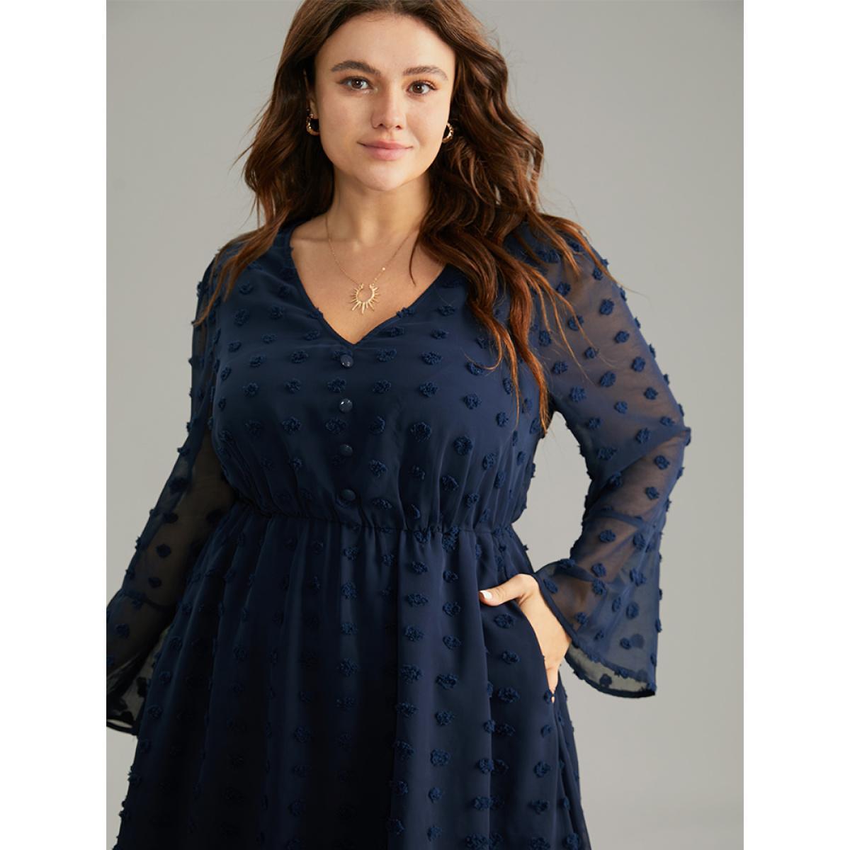 Plus Size Plain Texture Elastic Waist Jacquard Dress Indigo Women At the Office Texture V-neck Long Sleeve Curvy Midi Dress BloomChic 18-20/2X Product Image