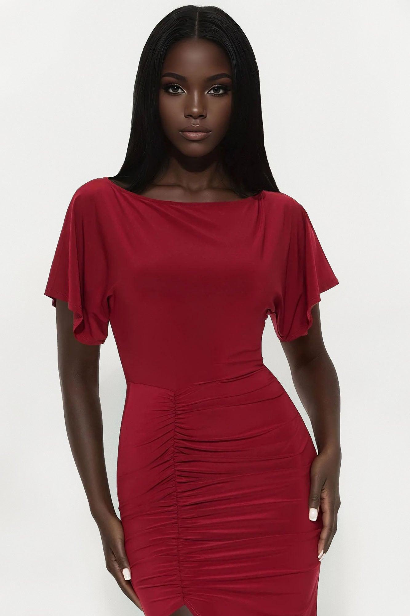 Maddison Short Sleeve Ruched Midi Dress - Burgundy Product Image