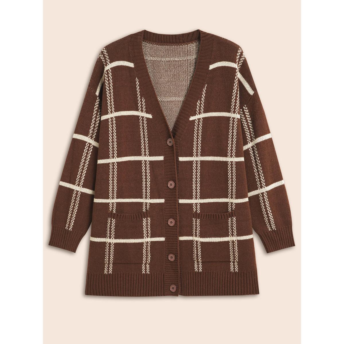 Plus Size Plaid Button Up Pocket Cardigan Browncoffeecolor Women Casual Loose Long Sleeve Everyday Cardigans BloomChic 26/4X Product Image