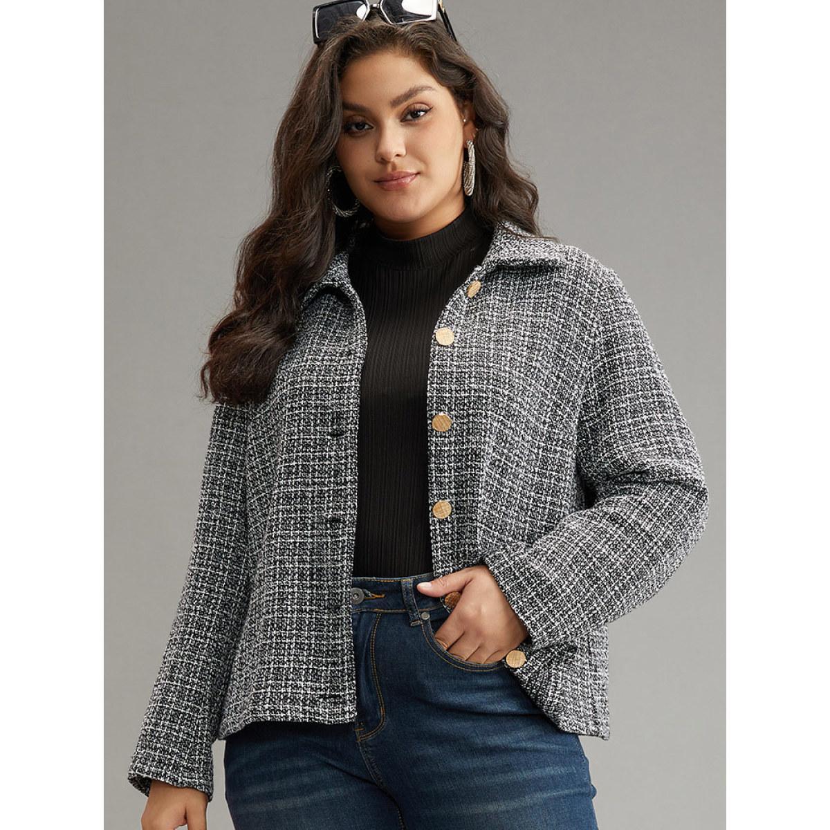 Plus Size Gingham Texture Lapel Collar Metal Detail Jacket Women Black Elegant Texture Ladies Everyday Winter Coats BloomChic 30/6X Product Image