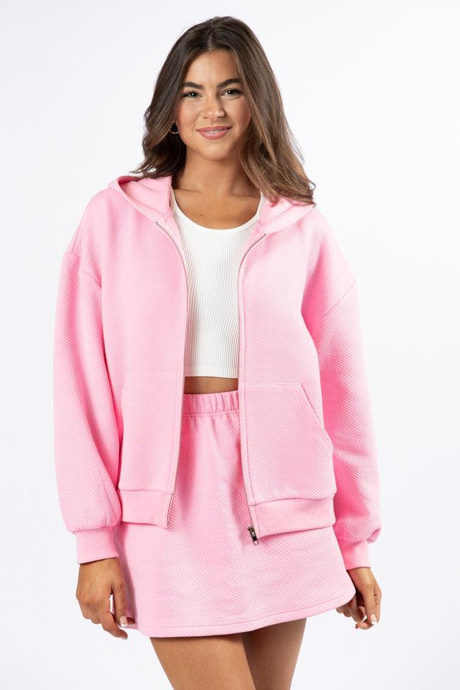 Have It My Way Pink Textured Knit Zip Up Hooded Sweatshirt Product Image