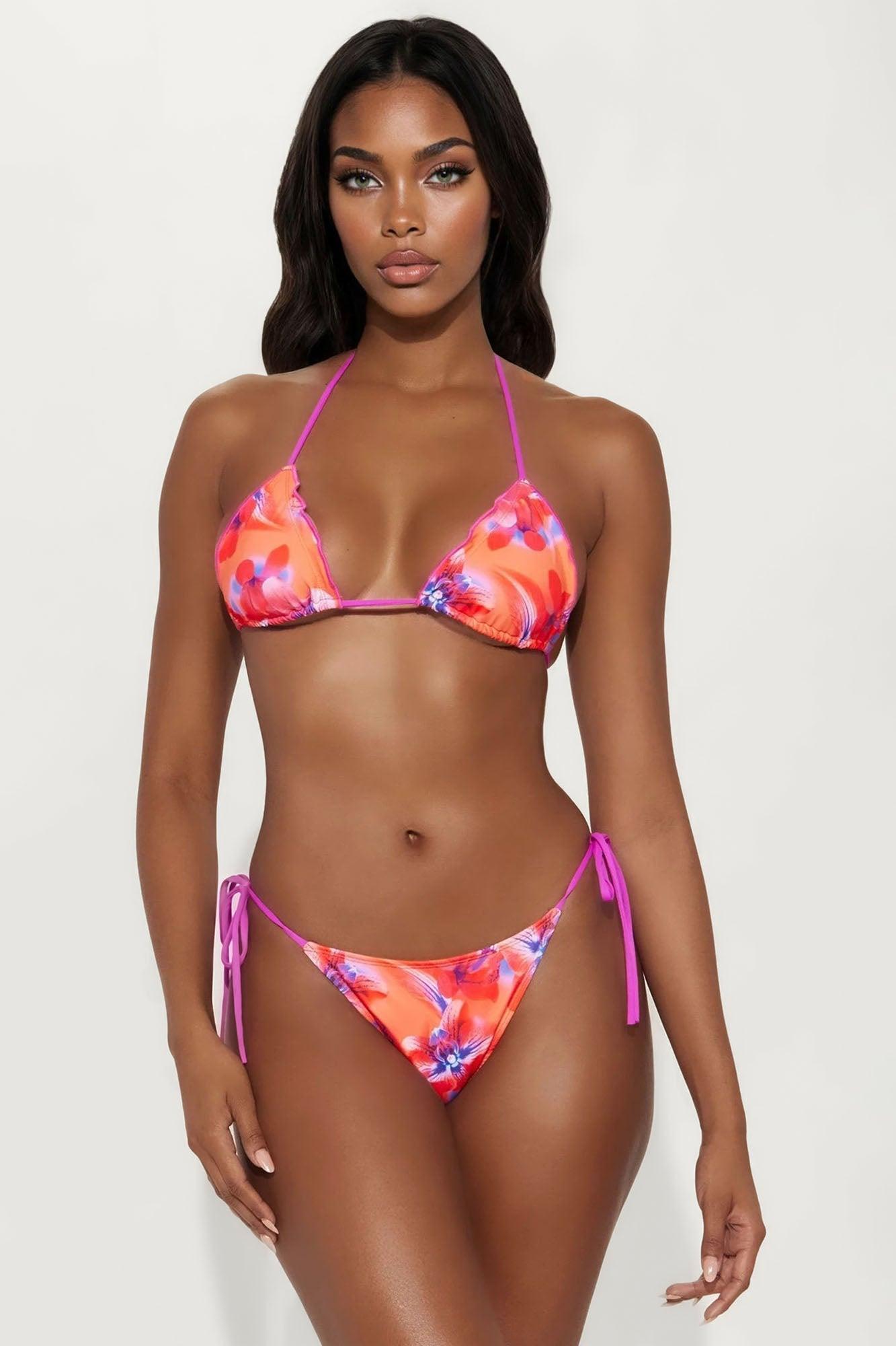 Island Sunsets & Orchids Ruffle 3 Piece Bikini & Sarong Set - Pink/combo Product Image