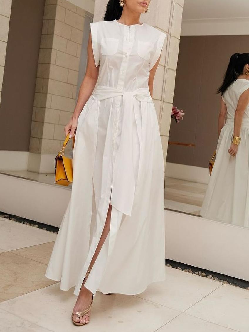 Cap Sleeve Loose Buttoned Solid Color Split-Side Tied Waist Maxi Dresses Shirt Dress Product Image