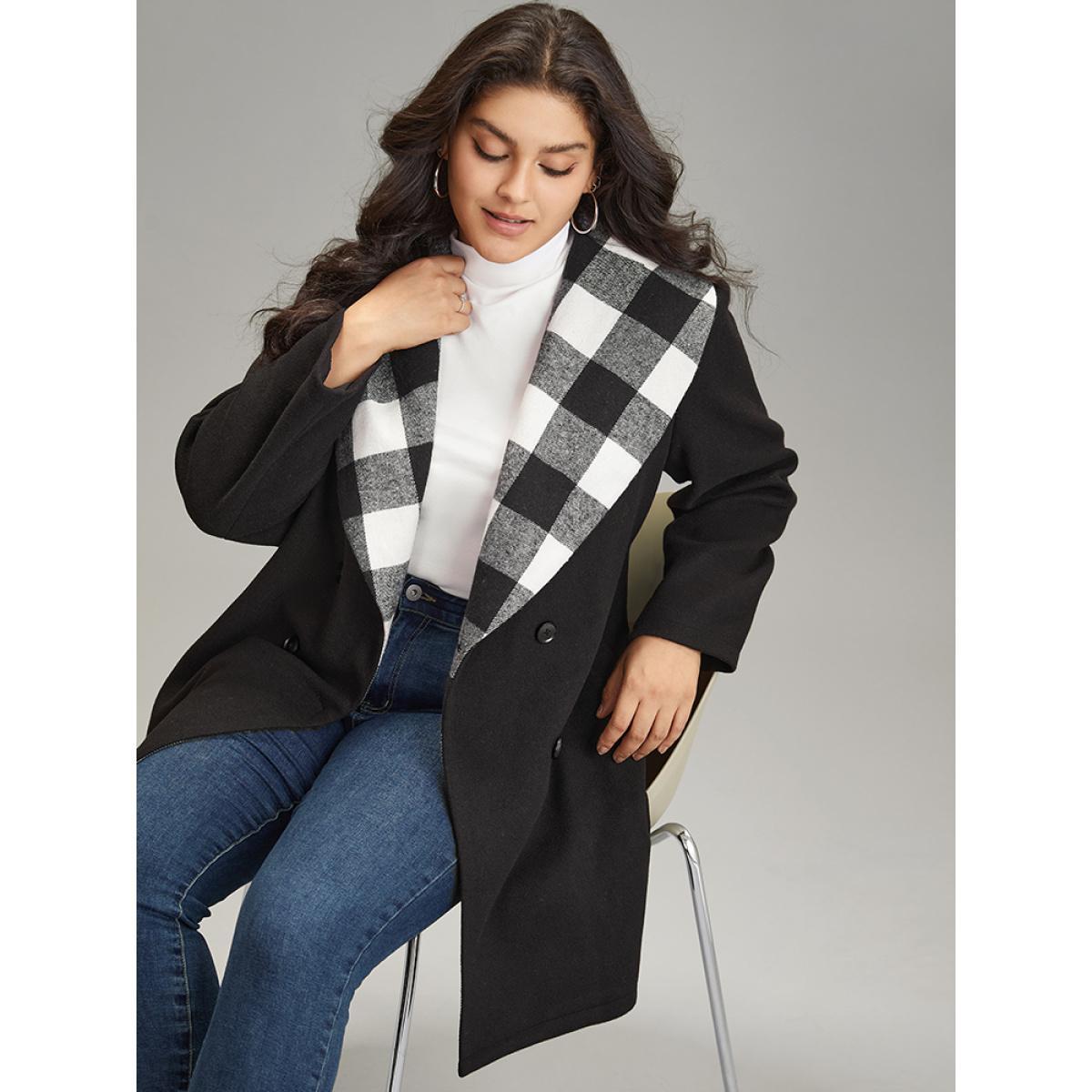 Plus Size Plaid Lapel Collar Pocket Belted Coat Women Black Casual Lined Ladies Dailywear Winter Coats BloomChic 22-24/3X Product Image