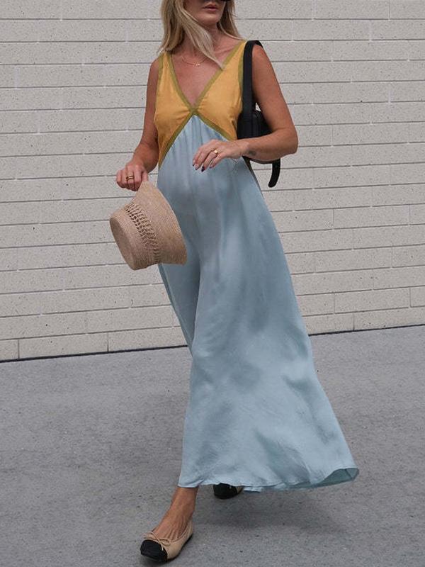 Loose Sleeveless Contrast Color Split-Joint Deep V-Neck Maxi Dresses Product Image