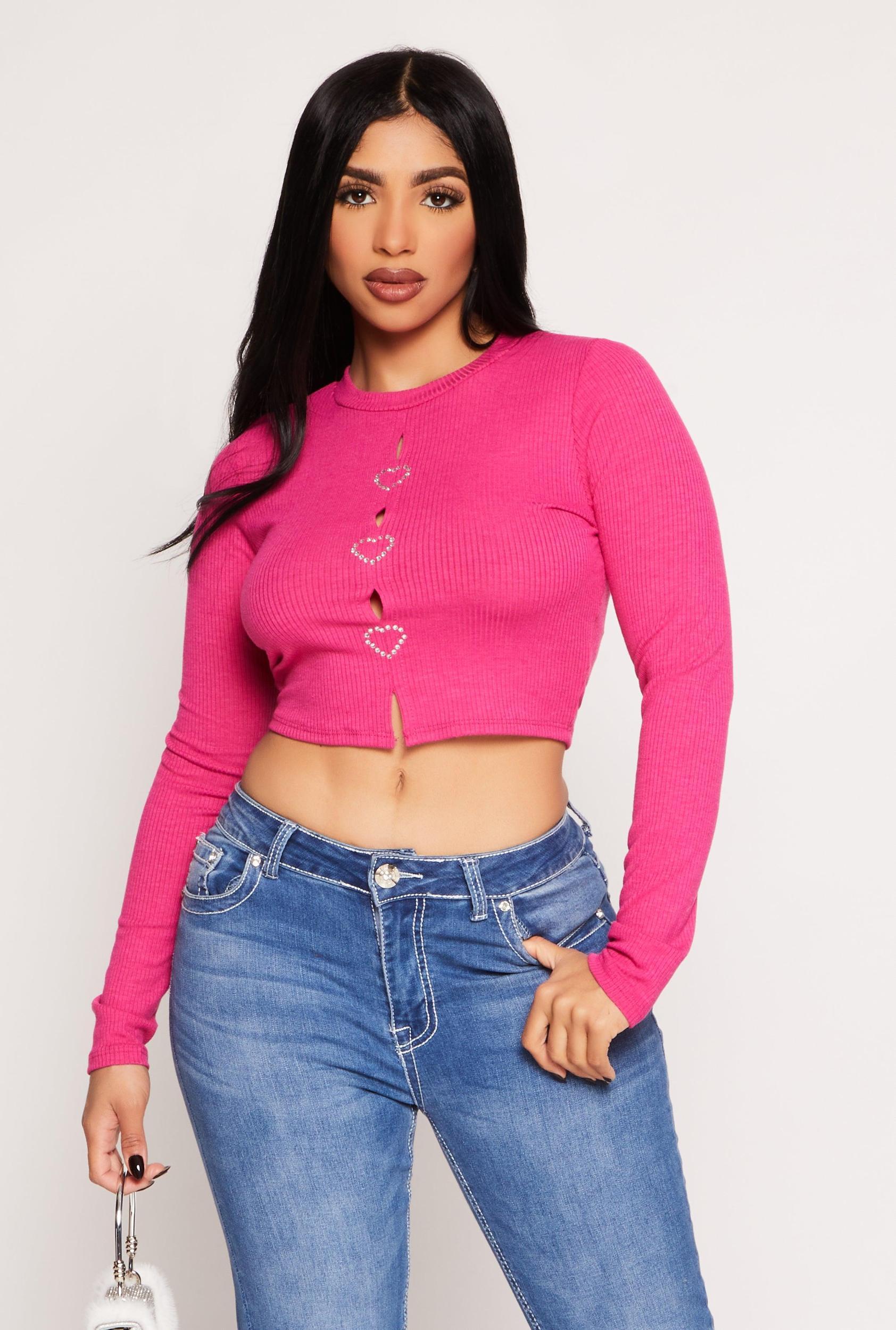 Womens Rhinestone Heart Cut Out Crop Top Product Image