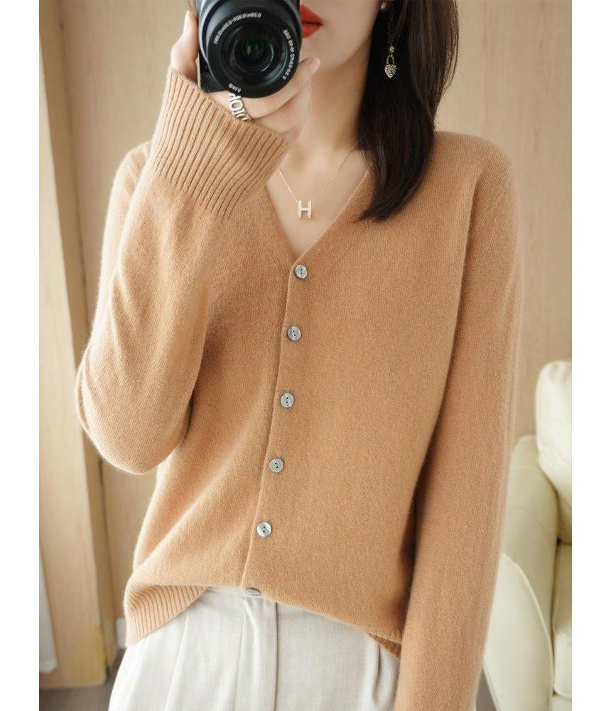 V-Neck Button-Up Plain Cardigan Product Image