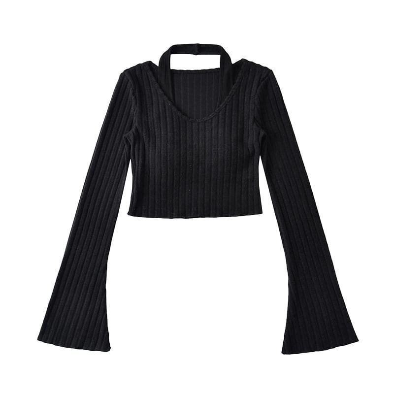 Long-Sleeve Halter Neck Ribbed Knit Cropped Top Product Image