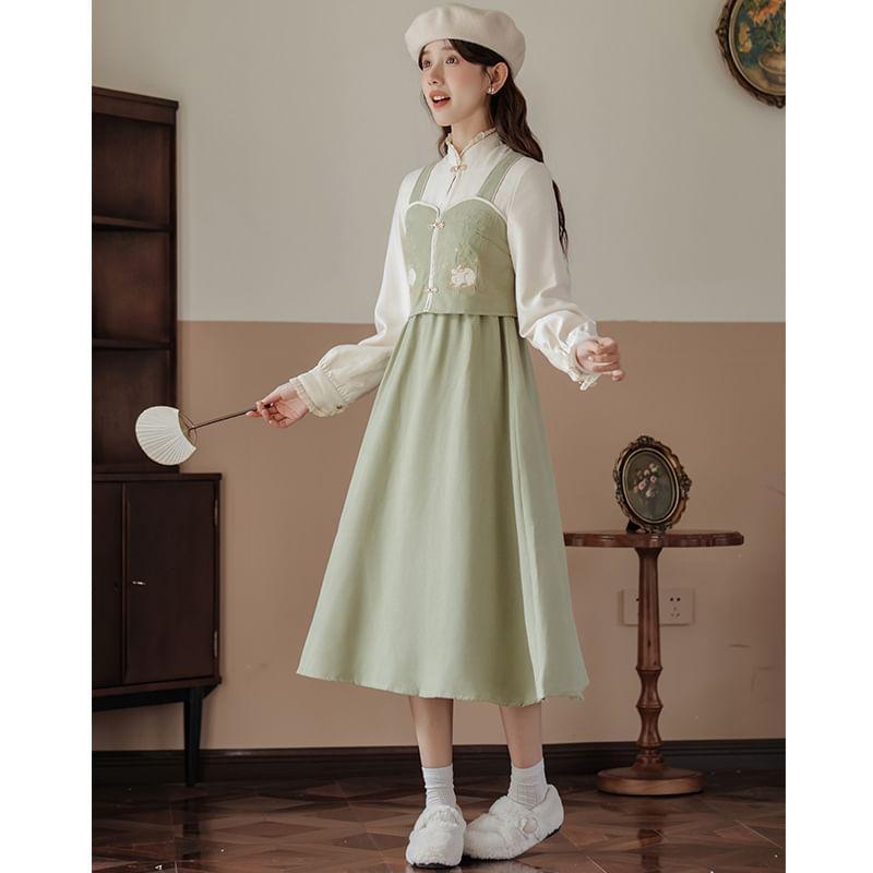 Mock Two-Piece Puff-Sleeve Stand Collar Rabbit Embroidered Midi Dress Product Image