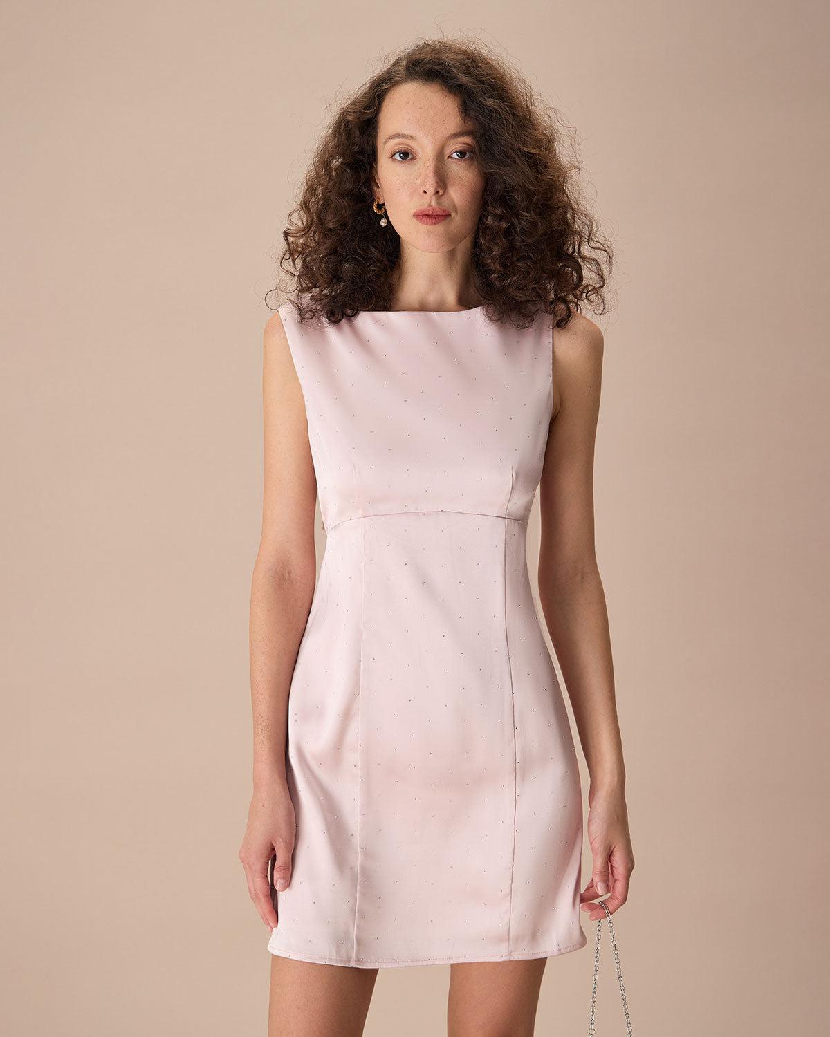 The Pink Boat Neck Bowknot Satin Mini Dress Product Image