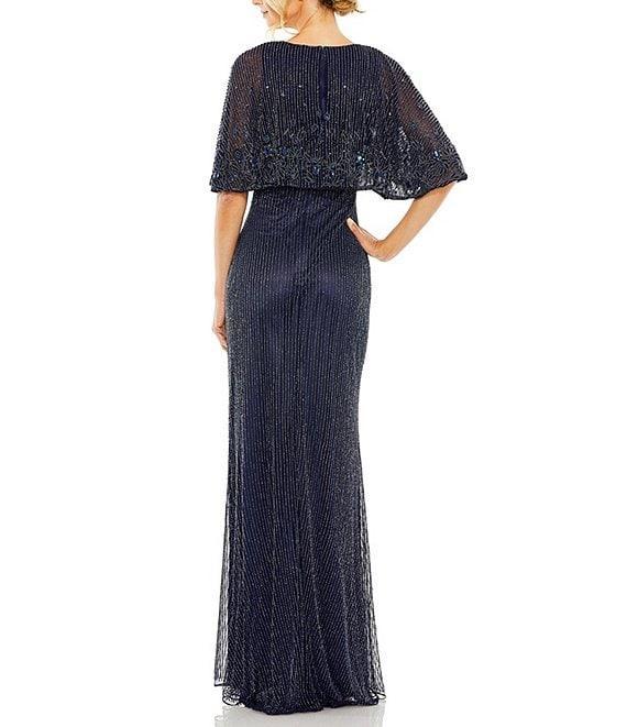 Mac Duggal Beaded Boat Neck Short Cape Sleeve Column Gown Product Image