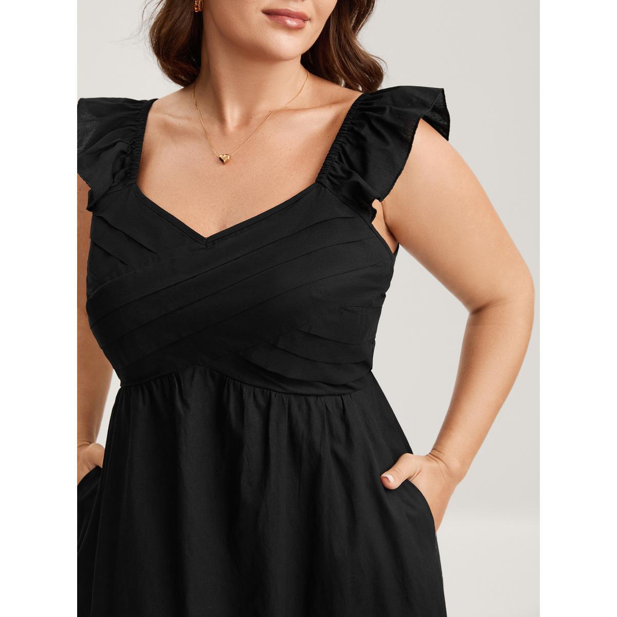 Plus Size Cotton Pleated Overlap Pockets Midi Dress Black Women Heart neckline Cap Sleeve Curvy BloomChic 14-16/1X Product Image