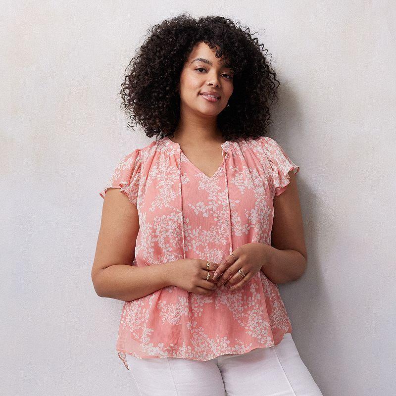 Plus Size LC Lauren Conrad Tie Front Ruffled V-Neck Shell, Womens Product Image