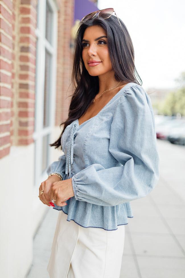 Up To Me Medium Wash Corset Front Chambray Blouse FINAL SALE Product Image