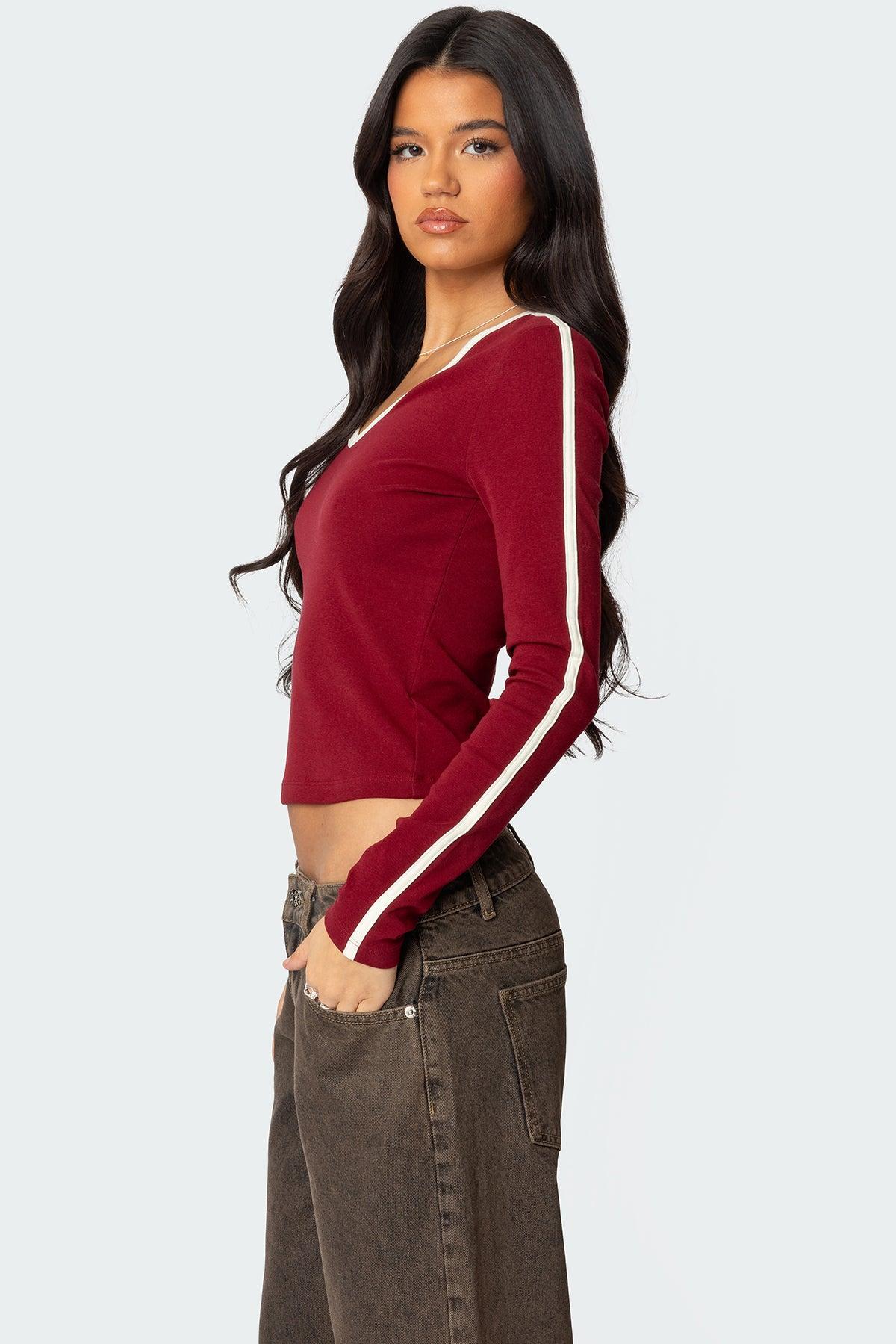 Contrast V Neck Long Sleeve T Shirt Product Image