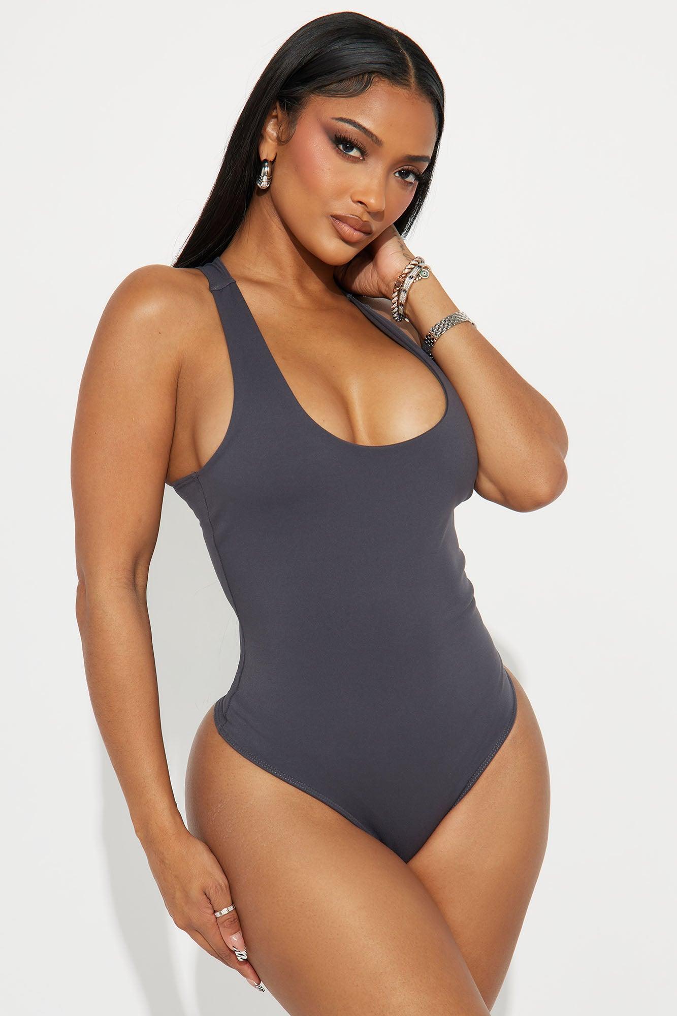 Sarafiena Double Lined Scoop Neck Bodysuit - Charcoal Product Image