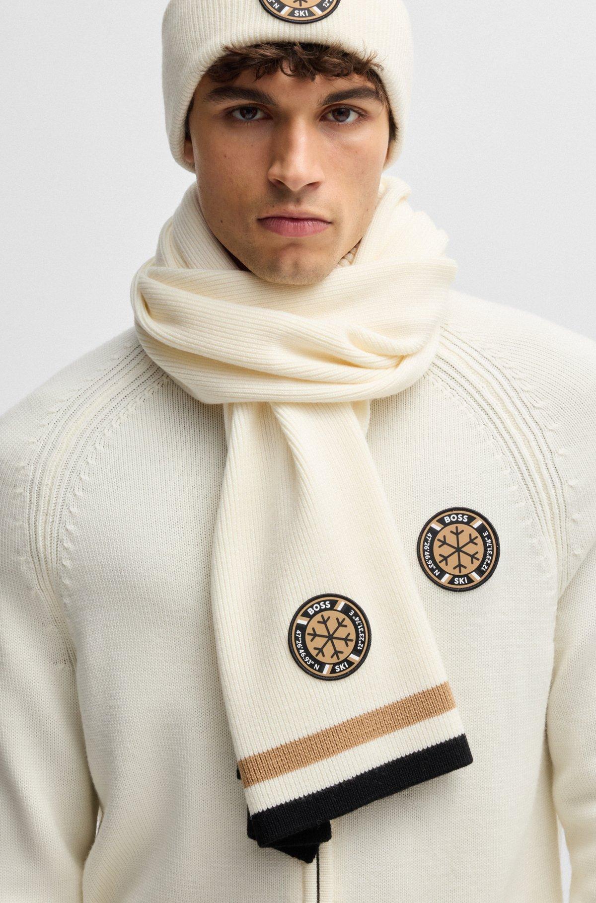 BOSS - BOSS Ski virgin-wool scarf with logo badge - White Product Image