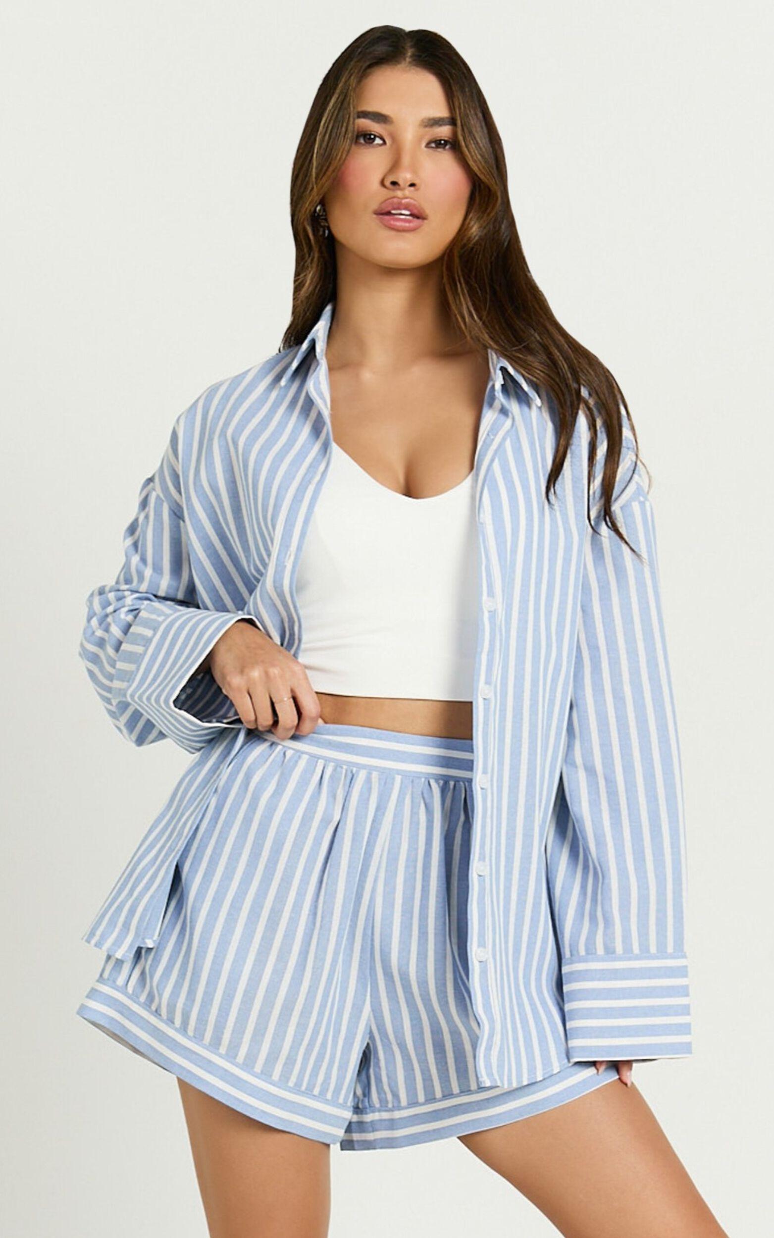 Tori Shorts - High Waist A Line Stripe Shorts in Light Blue Stripe Product Image