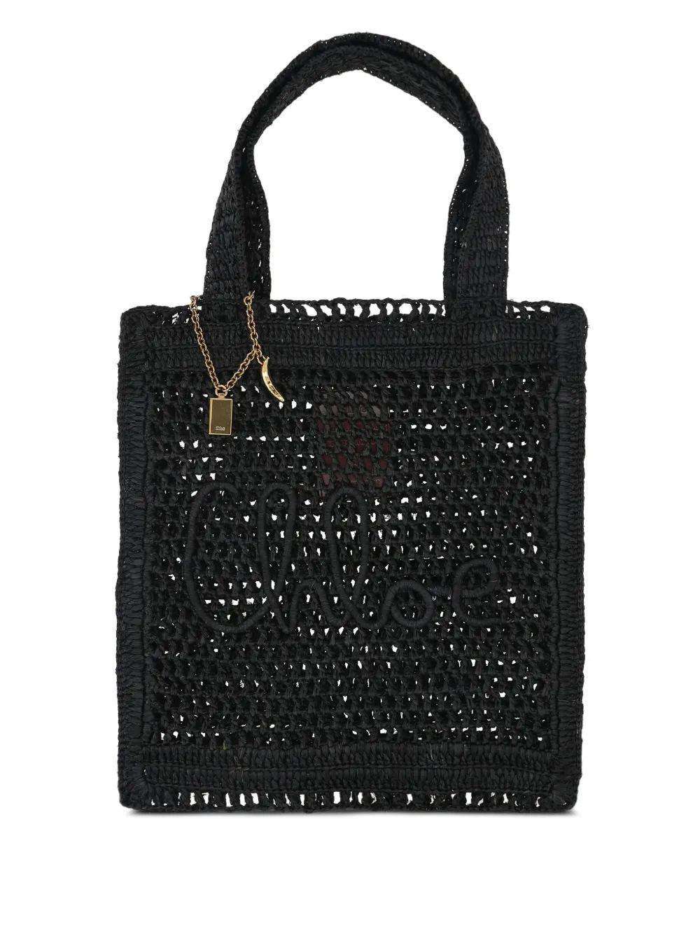 CHLOÉ Summer Banana Embellished Crocheted Embroidered Faux Raffia Tote In Black Product Image